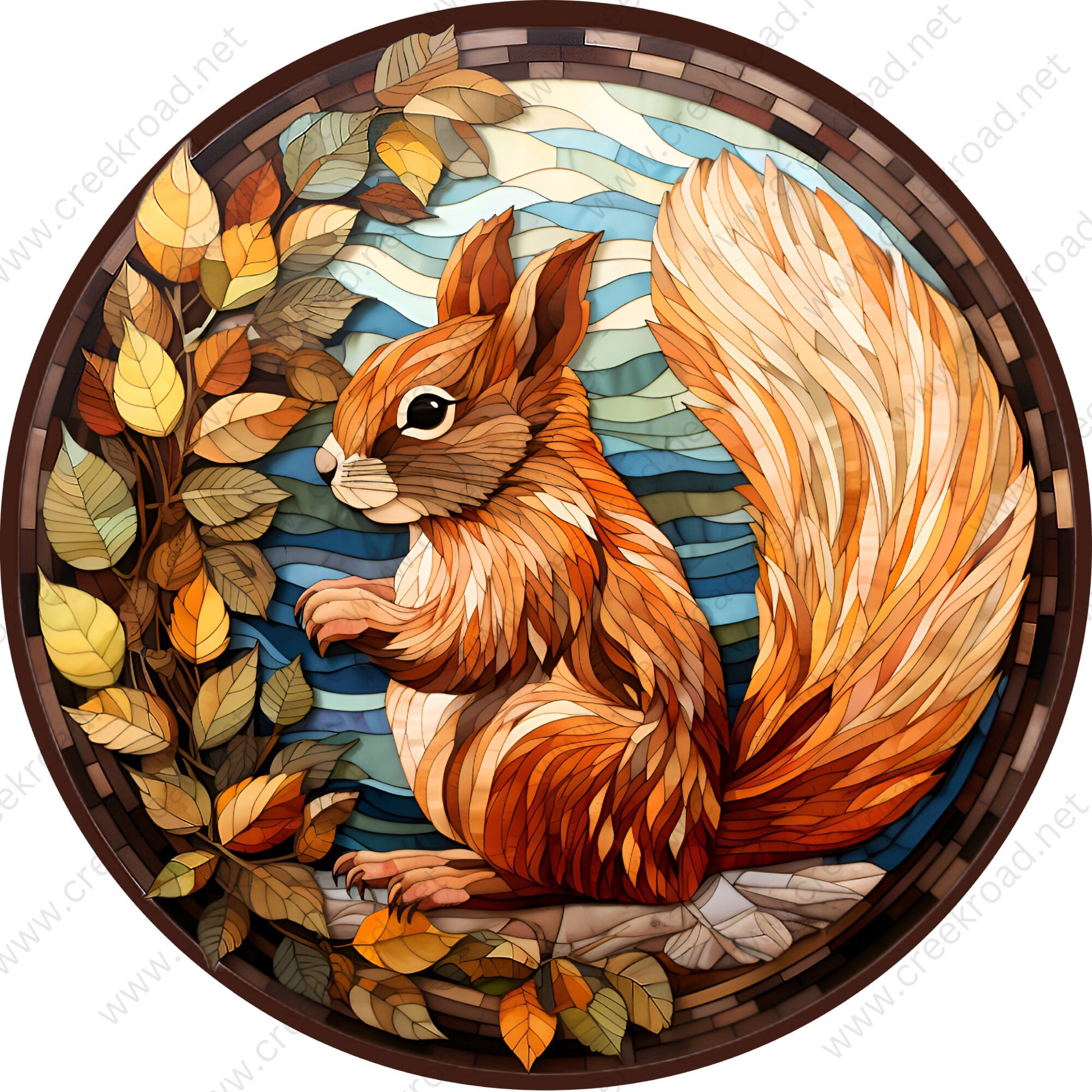 Playful Squirrel Fall Leaves Wreath Sign-Sublimation-Round-Fall-Autumn-Decor