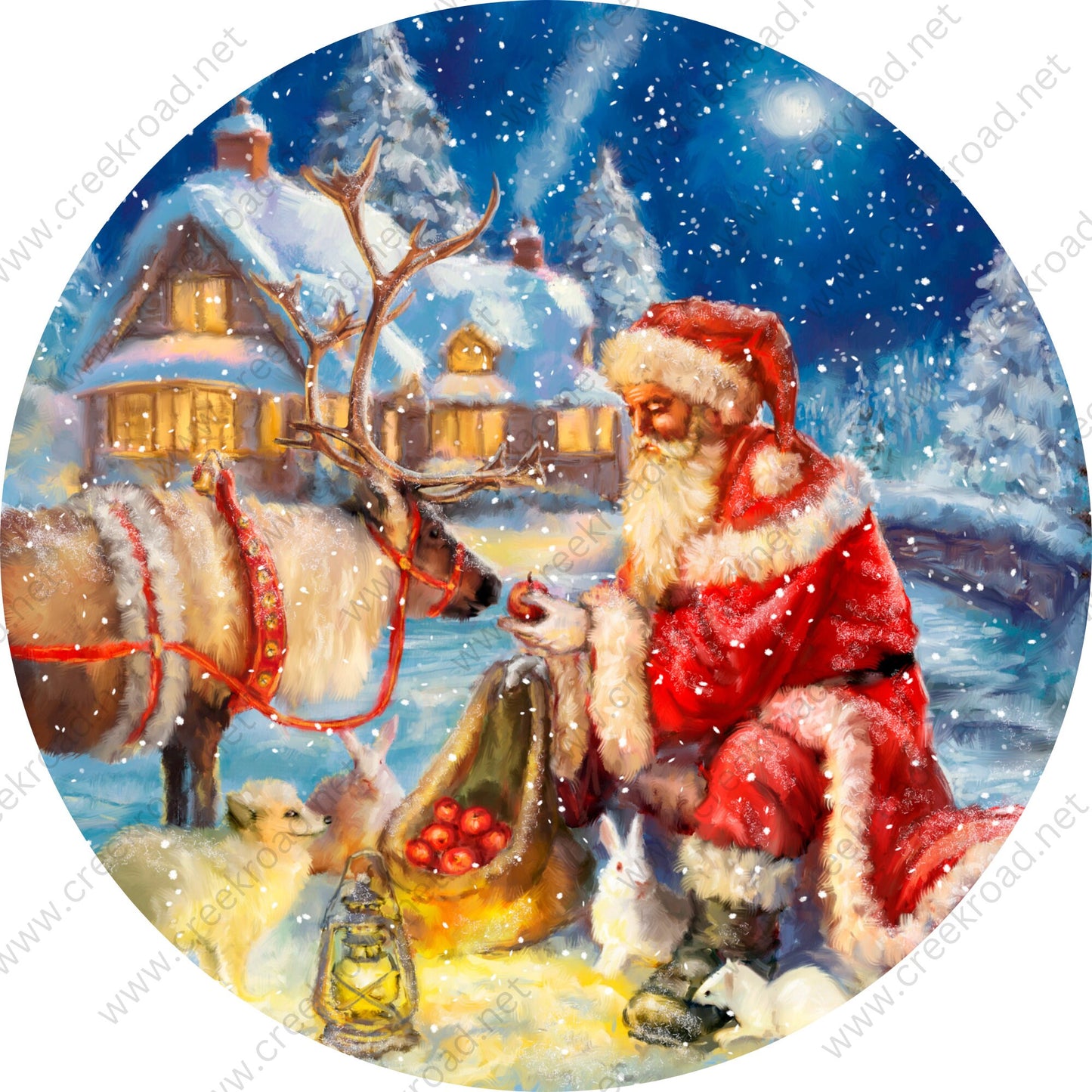 Santa Claus Feeding Reindeer Apple In Snow Wreath Wreath Sign-Sublimation-Round-Christmas-Decor