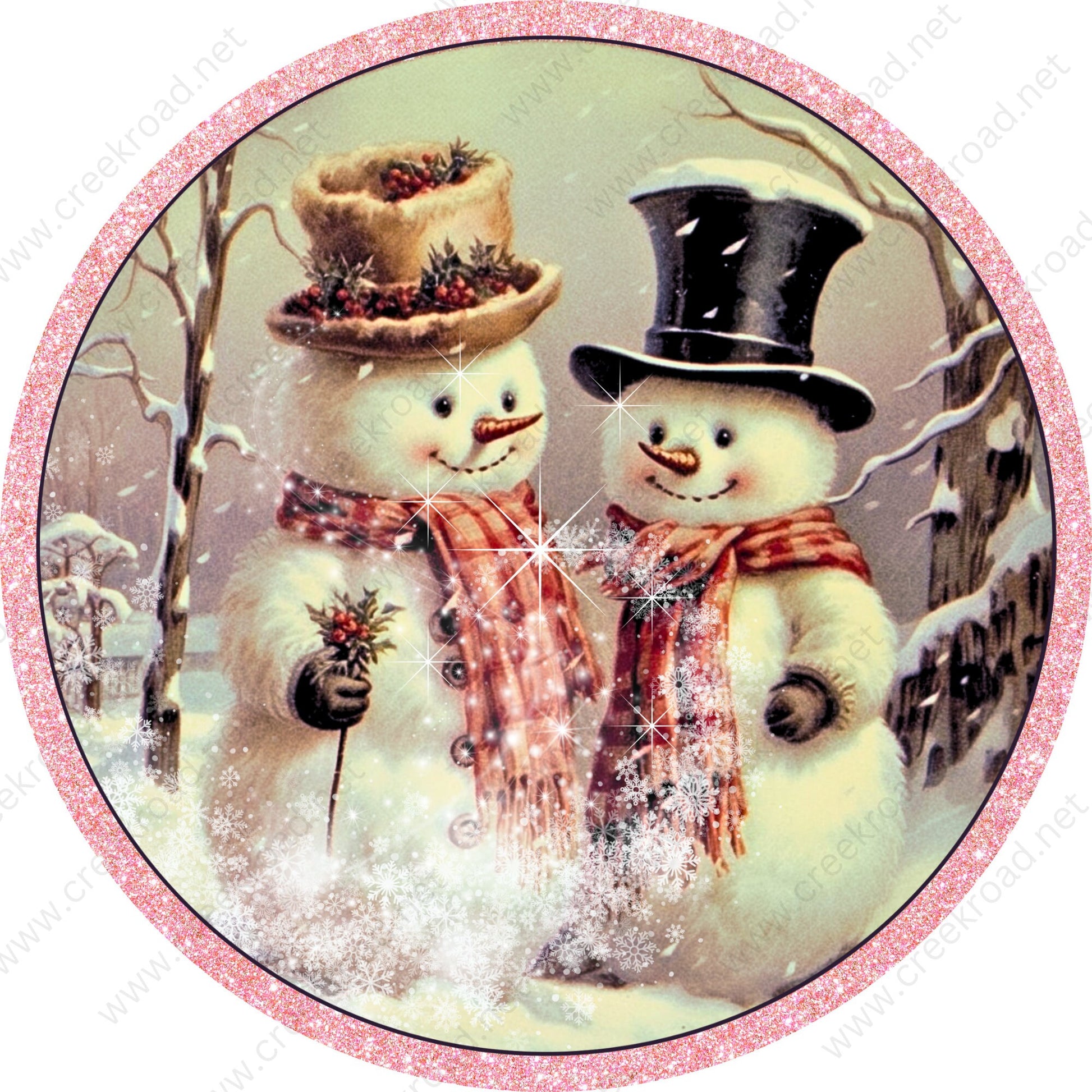 Retro Snowmen Pink Glitter Border Wreath Sign-Sublimation-Round-Christmas-Decor