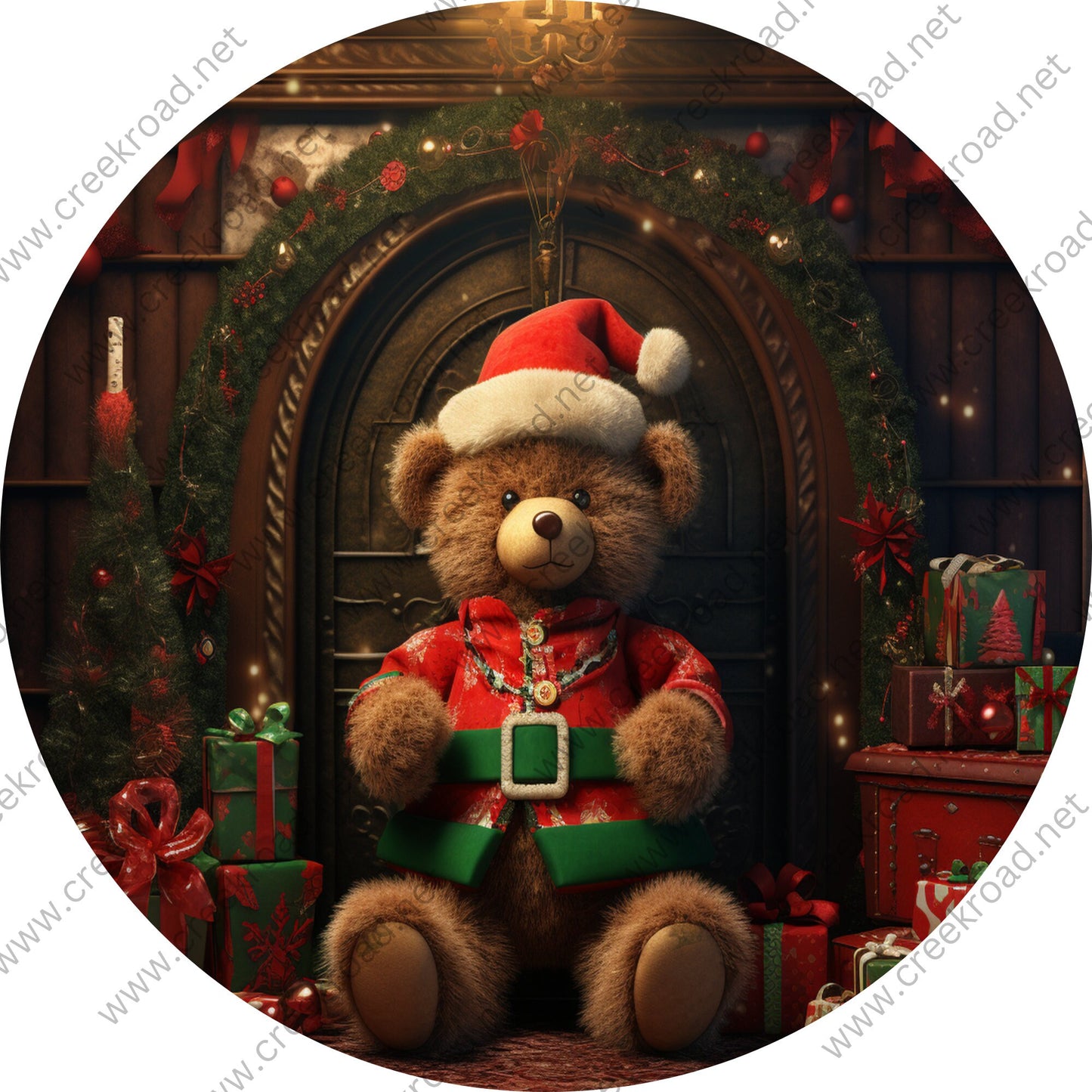 Chritsmas Toy Teddy Bear Santa Hat Wreath Sign-Sublimation-Round-Christmas-Decor