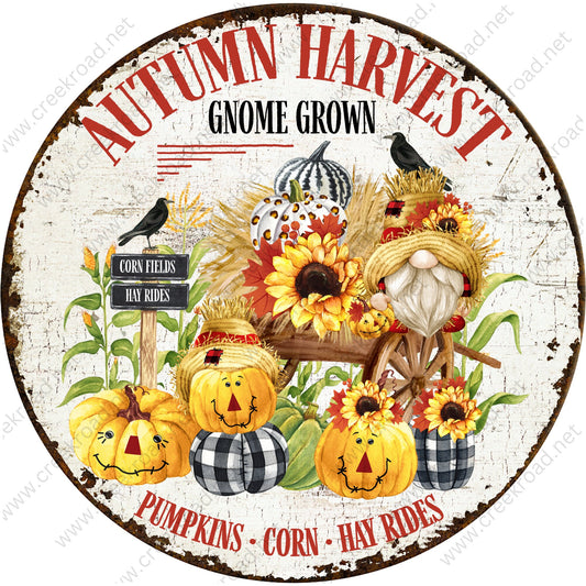 Autumn Harvest Gnome Grown Pumpkin Corn Hay Rides Disressed Faux Rusted Border Wreath Sign-Sublimation-Round-Fall-Decor