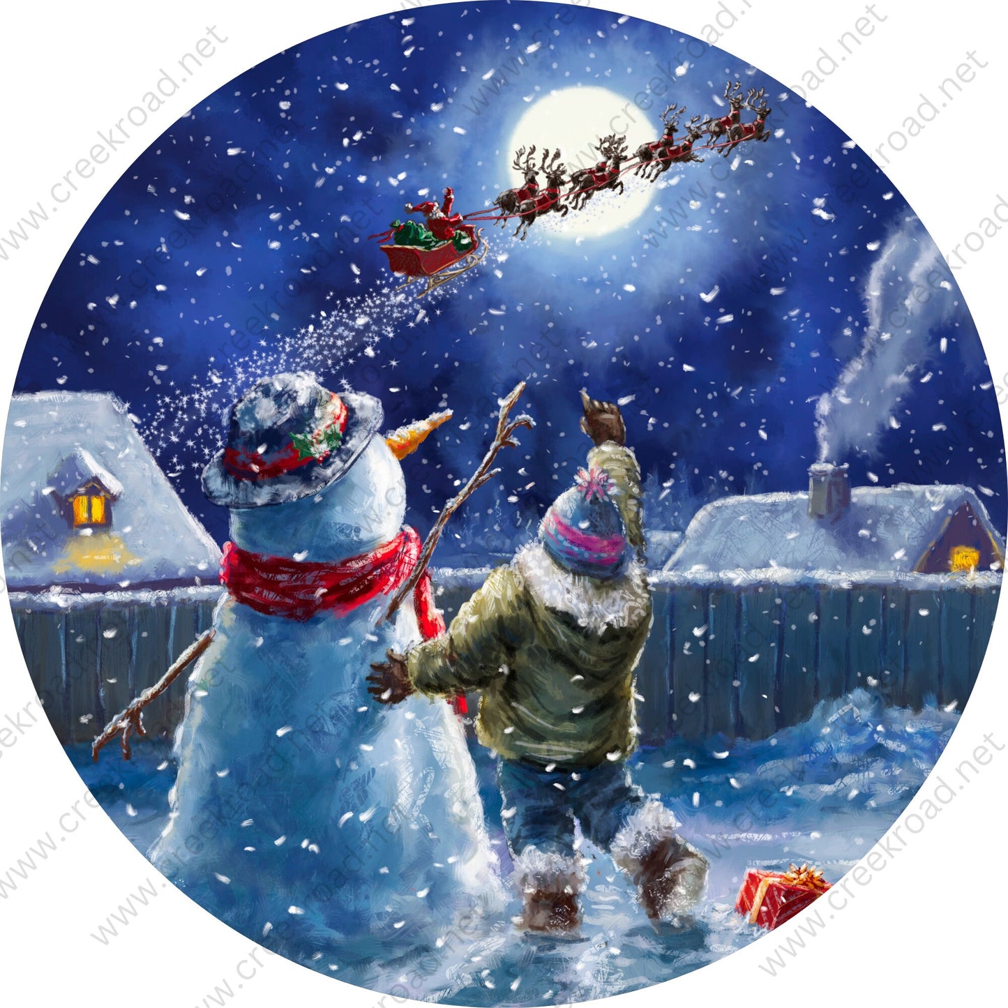 Snowman Child Watching Santa Fly Across Sky Wreath Sign-Sublimation-Round-Christmas-Decor