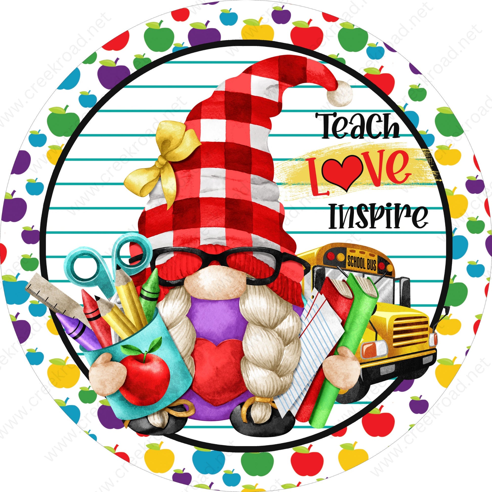 Teach Love Inspire Teacher Gnome Wreath Sign-Round-Sublimation-Decor