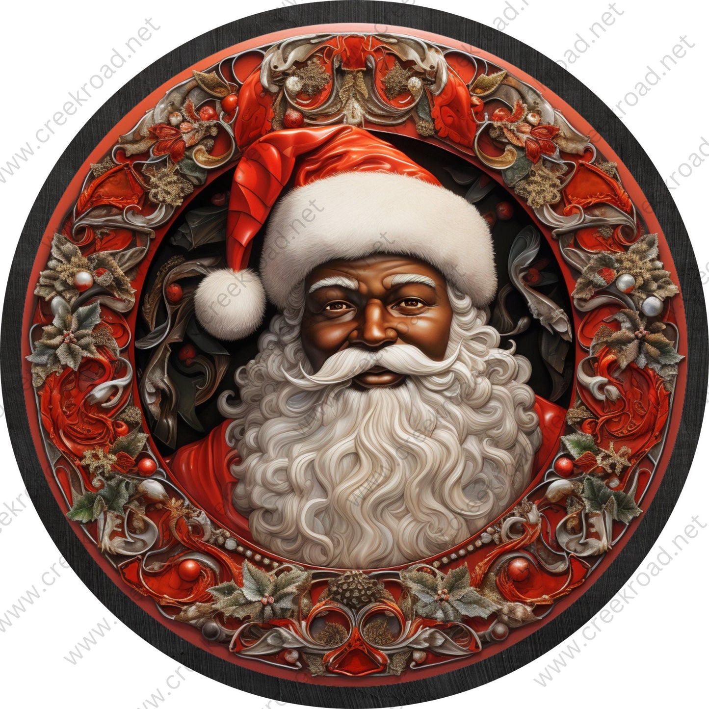 African American Santa Claus Wreath Sign-Sublimation-Round-Christmas-Decor