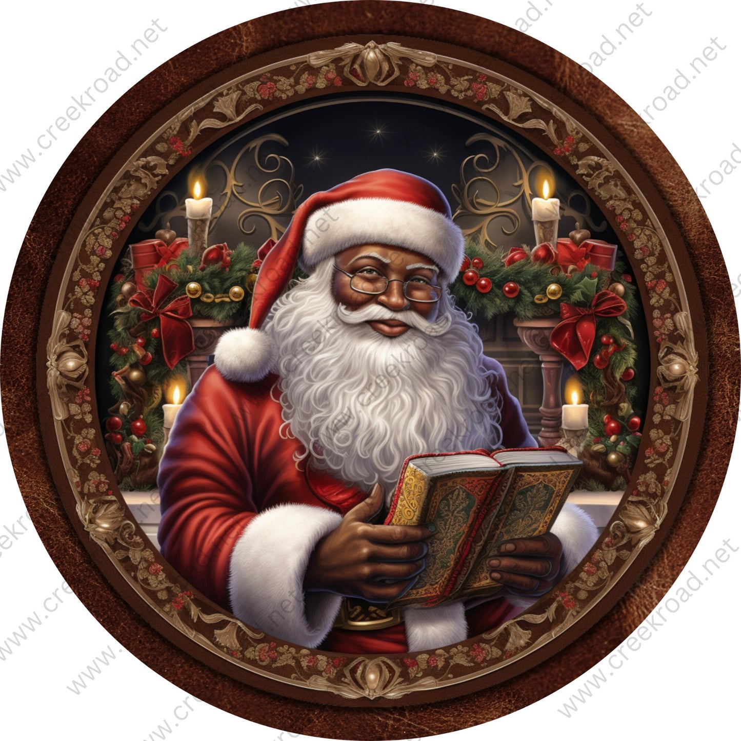 African American Santa Claus Holding Book Candles Wreath Sign-Sublimation-Round-Christmas-Decor