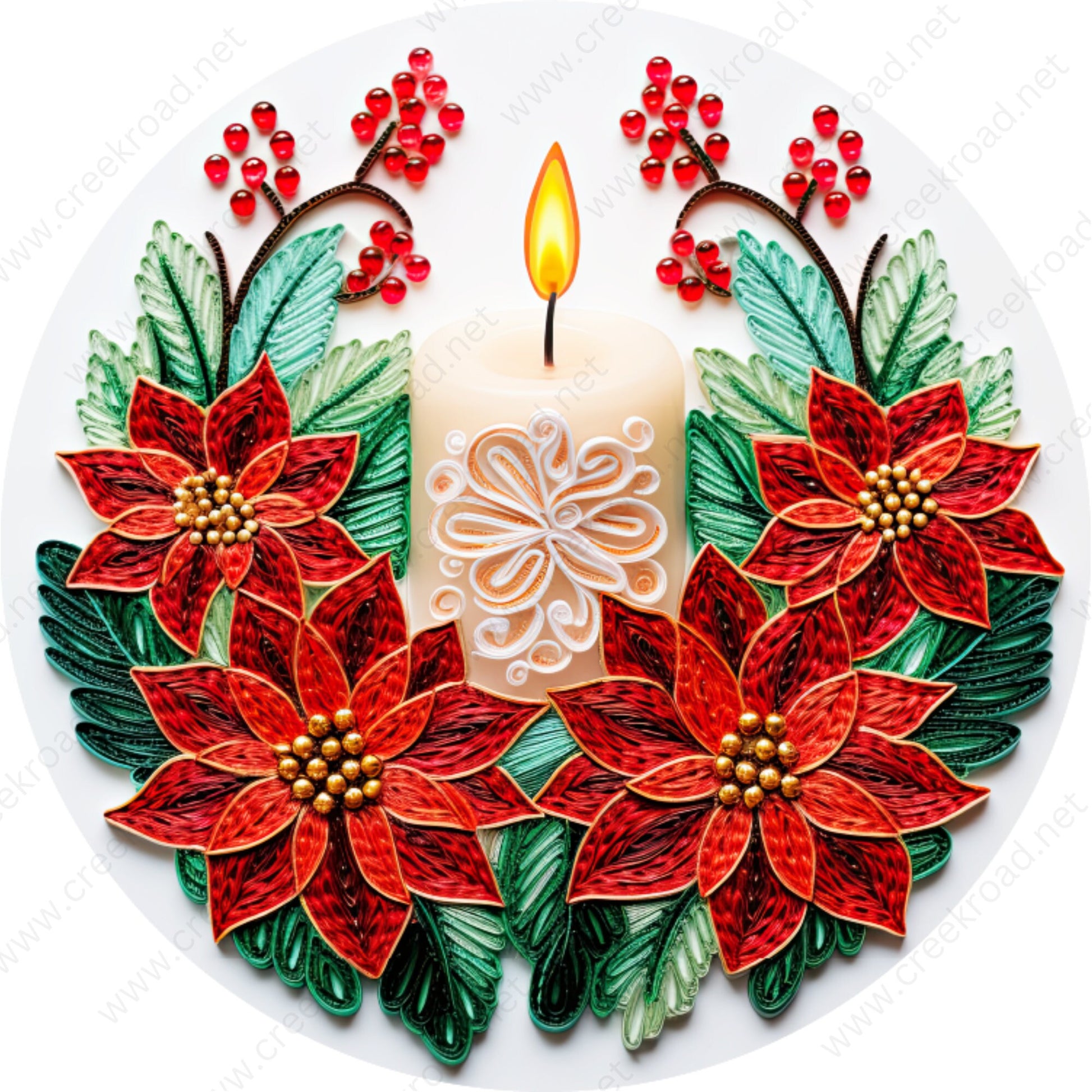 Christmas Candle Poinsettia Wreath Sign-Sublimation-Round-Chistmas-Winter-Decor