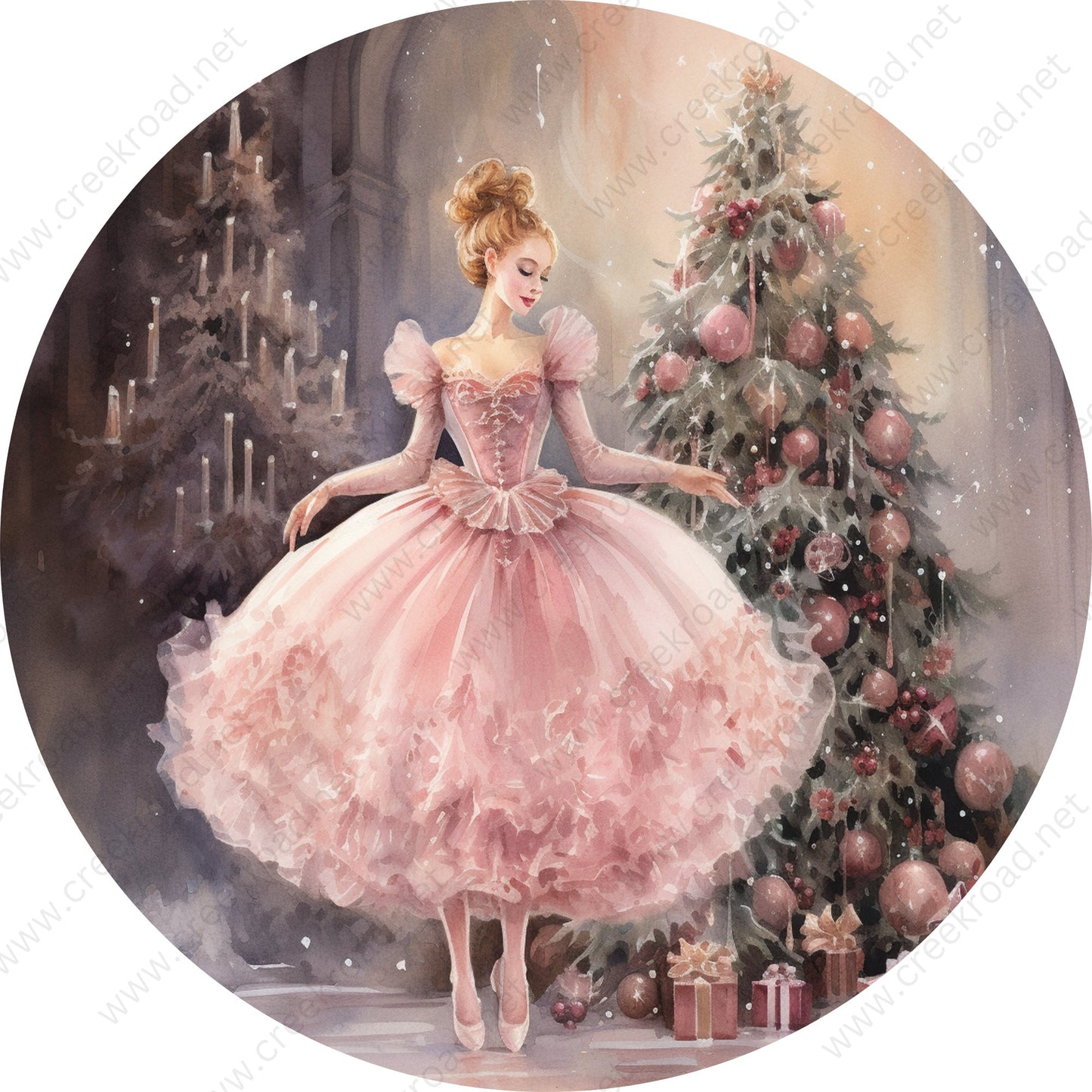 Beautiful Ballerina in Pink Dress Wreath Sign-Sublimation-Round-Chistmas-Winter-Decor