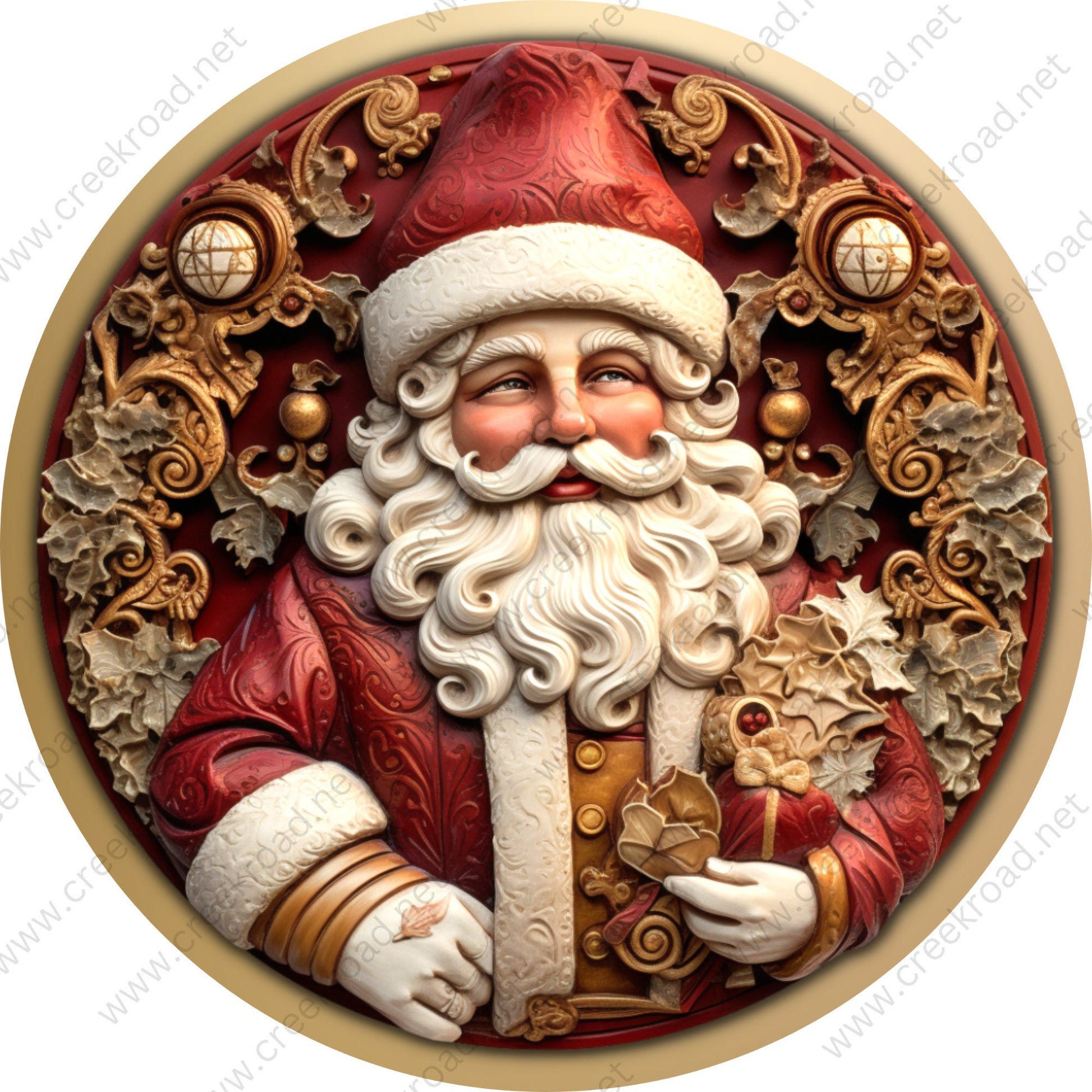 Red & Gold 3D Santa Claus Wreath Sign-Sublimation-Round-Chistmas-Winter-Decor