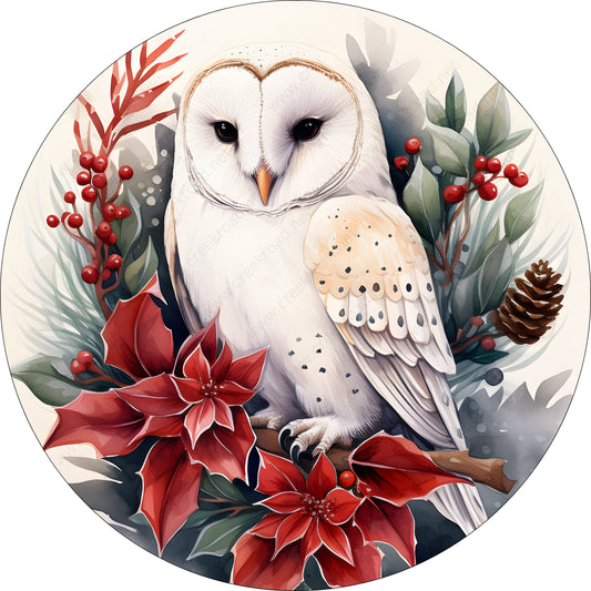 Christmas White Snow Owl Poinsettia Branch Wreath Sign-Sublimation-Round-Christmas-Winter-Decor-Pets