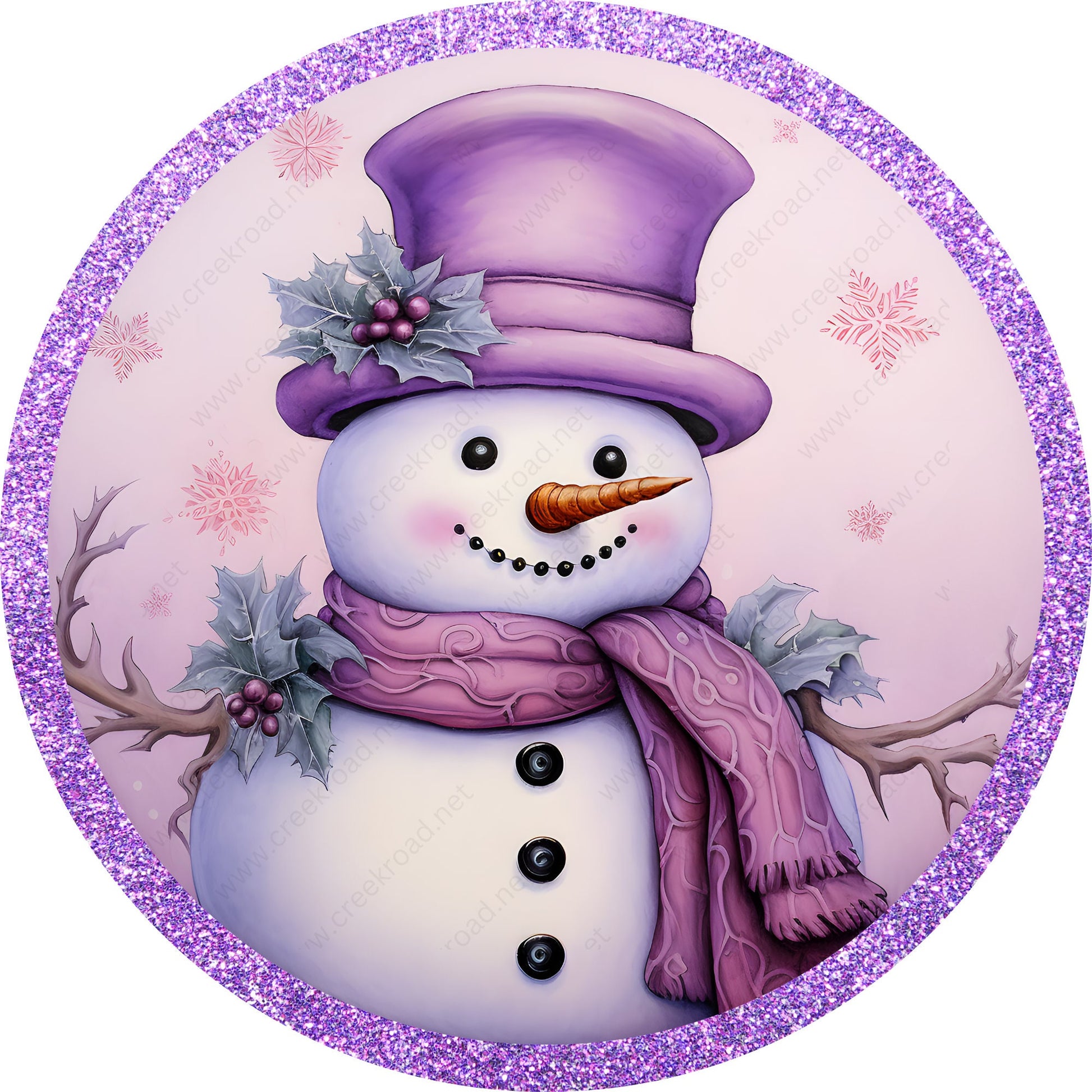 Christmas Snowman Purple Hat Scarf with Glitter Border Wreath Sign-CHOOSE YOUR FINISH-Sublimation-Round-Christmas-Winter-Decor-Pets