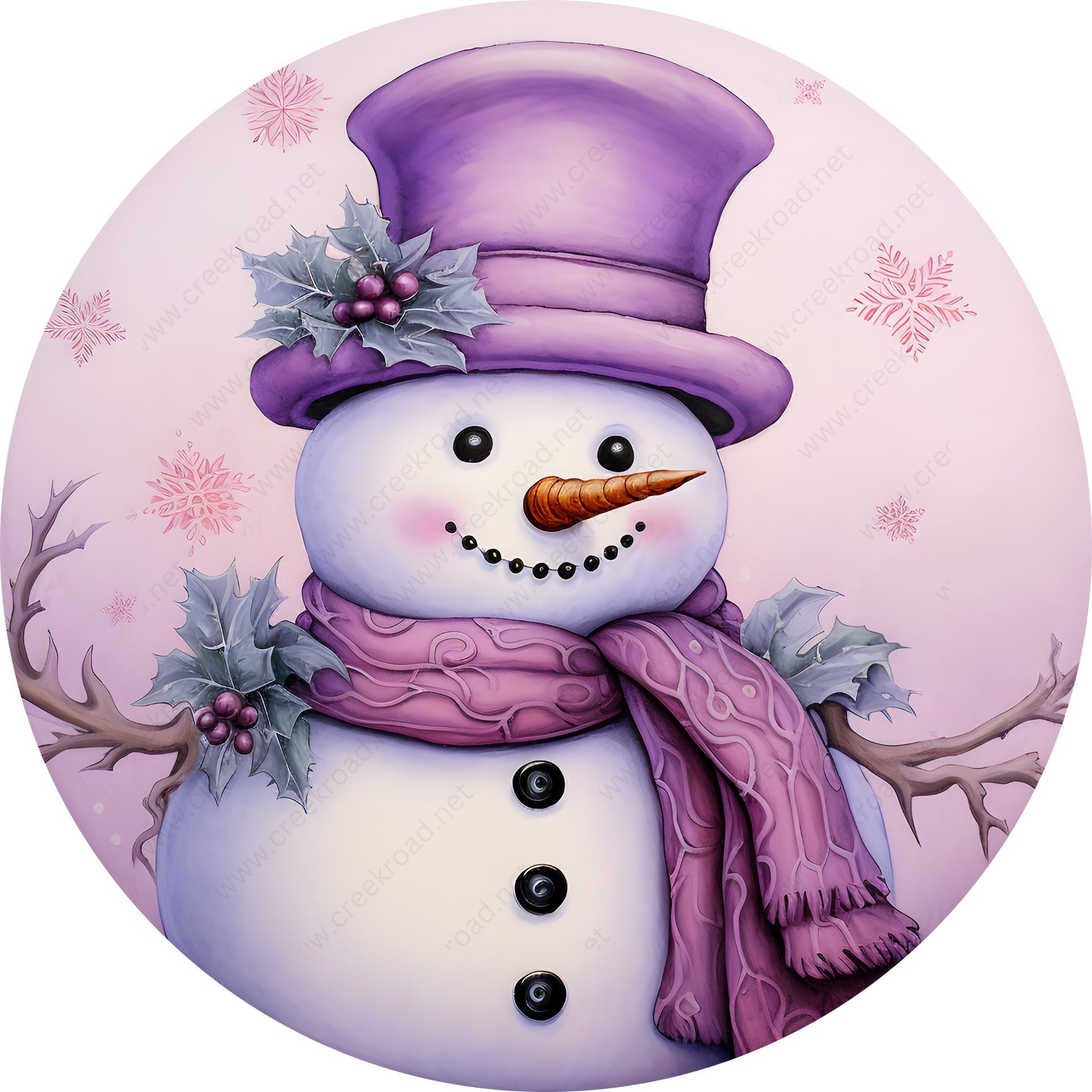 Christmas Snowman Purple Hat Scarf with Glitter Border Wreath Sign-CHOOSE YOUR FINISH-Sublimation-Round-Christmas-Winter-Decor-Pets