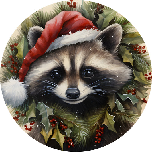 Racoon in Santa Hat with Holly Wreath Sign-Sublimation-Round-Chistmas-Winter-Decor