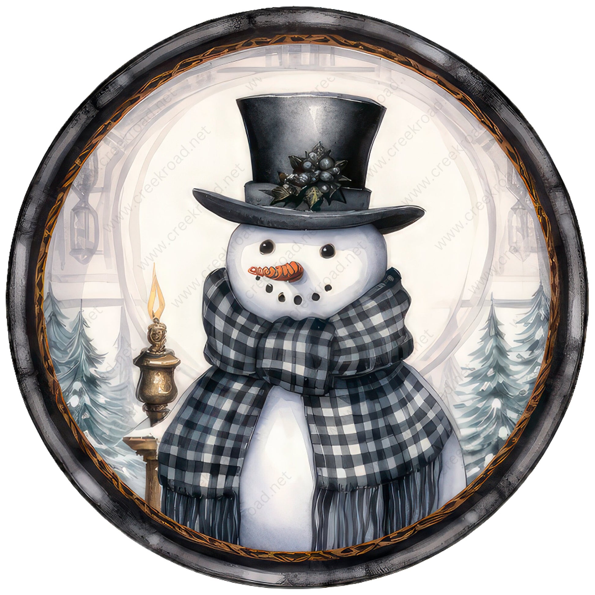 Holiday Snowman in Black White Gingham Scarf Top Hat Wreath Sign-Sublimation-Round-Chistmas-Winter-Decor