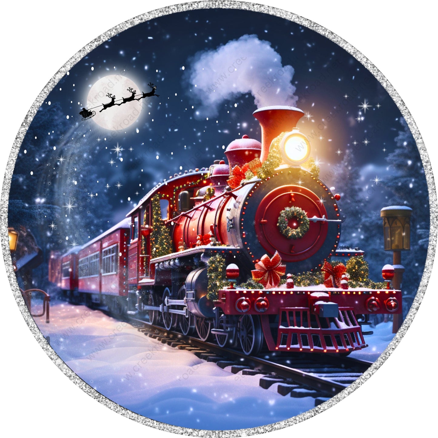 Christmas Train with Santa in Sky Wreath Sign-Sublimation-Round-Chistmas-Winter-Decor