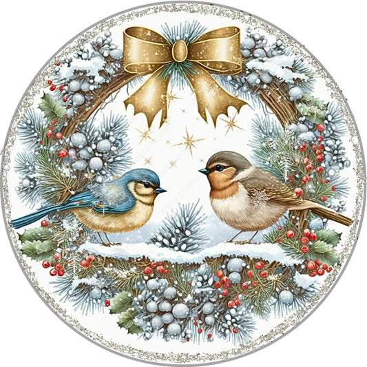 Cute Christmas Birds in Snow Gold Bow Wreath Sign-Sublimation-Round-Chistmas-Winter-Decor