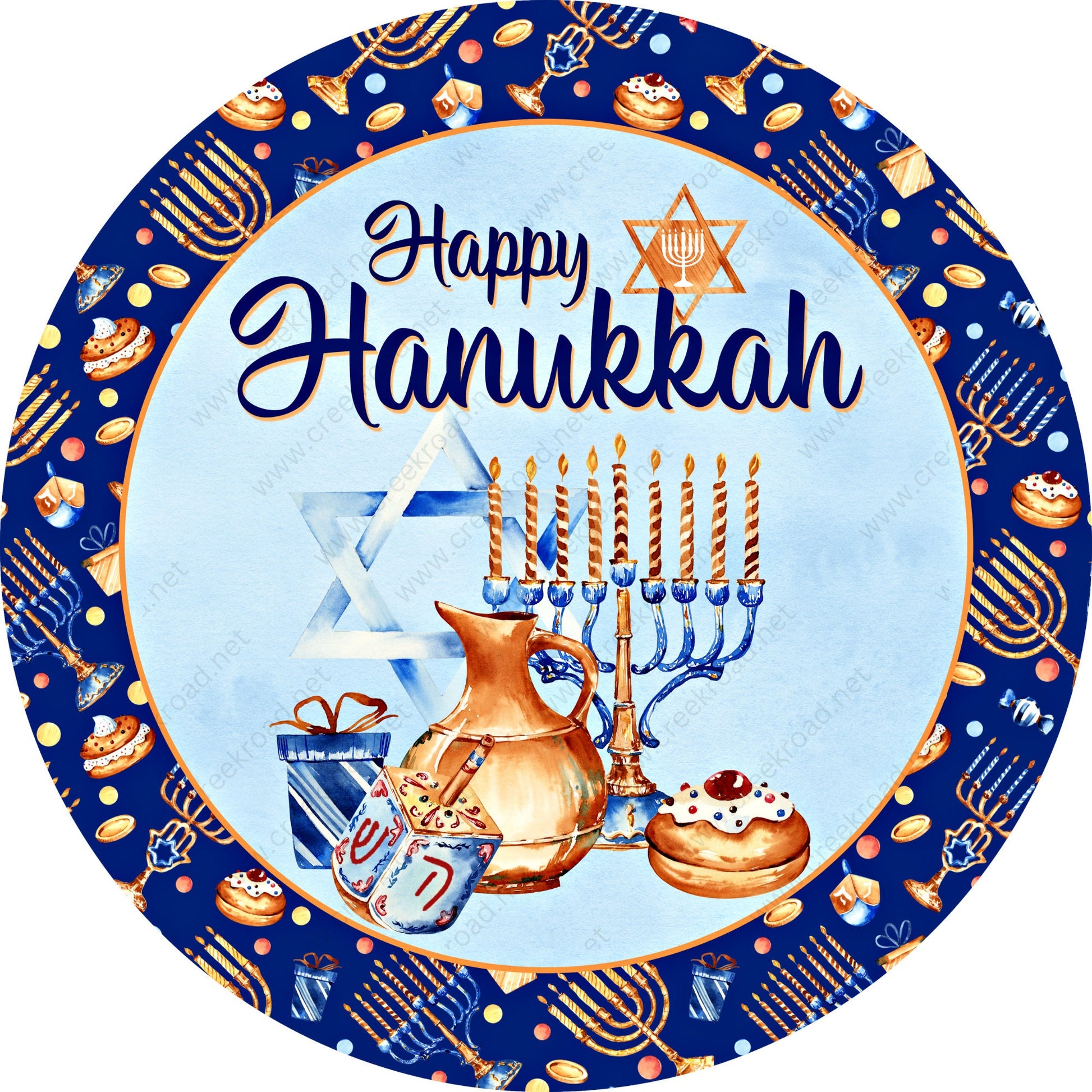 Happy Hanukkah Menorah Star of David Dreidel Wreath Sign-Sublimation-Round-Chistmas-Winter-Decor