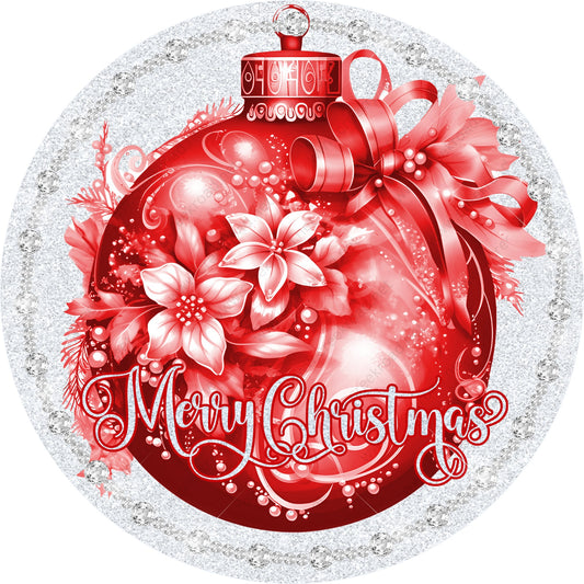 Red Christmas Ornament with Silver Glitter Background Wreath Sign-Sublimation-Round-Chistmas-Winter-Decor