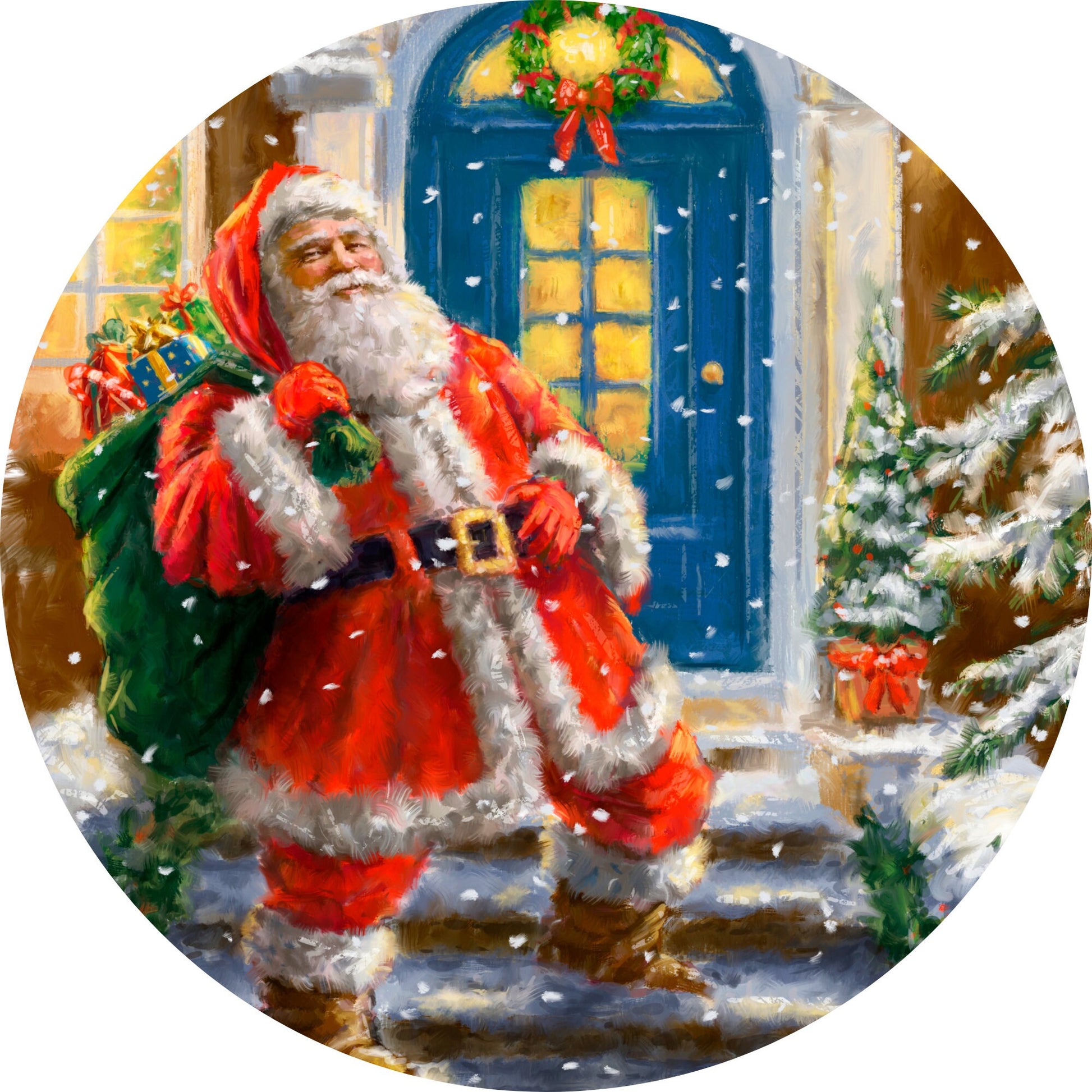 Santa Claus Standing at Front Porch Stoop Wreath Sign-Sublimation-Round-Chistmas-Winter-Decor