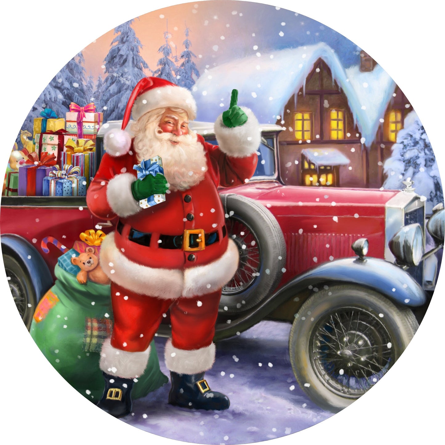 Santa Claus Antique Car Full of Toys Wreath Sign-Sublimation-Round-Chistmas-Winter-Decor