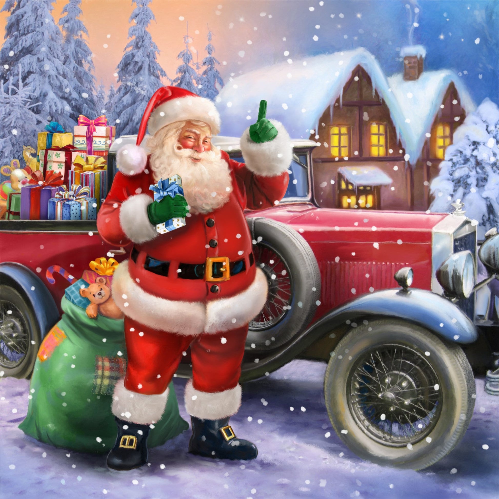 Santa Claus Antique Car Full of Toys Wreath Sign 10"x10" Square-Sublimation-Chistmas-Winter-Decor