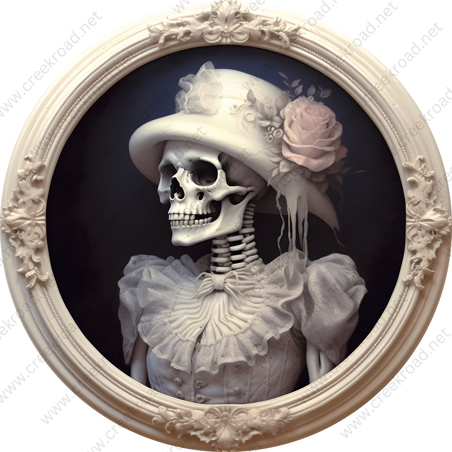 Dressed Female Skeleton with Pink Rose Hat Wreath Sign-Halloween-Sublimation-Decor-Creek Road Designs