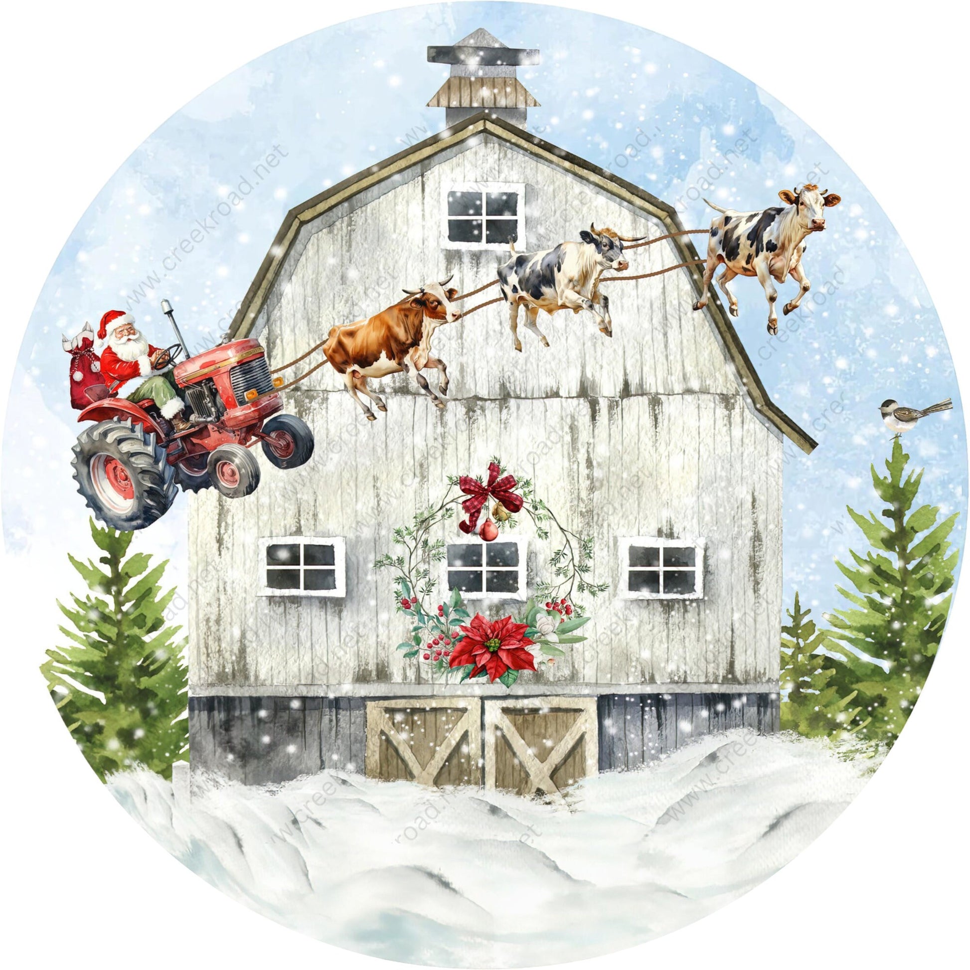 Santa Claus Tractor Sleigh with Cows Wreath Sign-Sublimation-Round-Chistmas-Winter-Decor