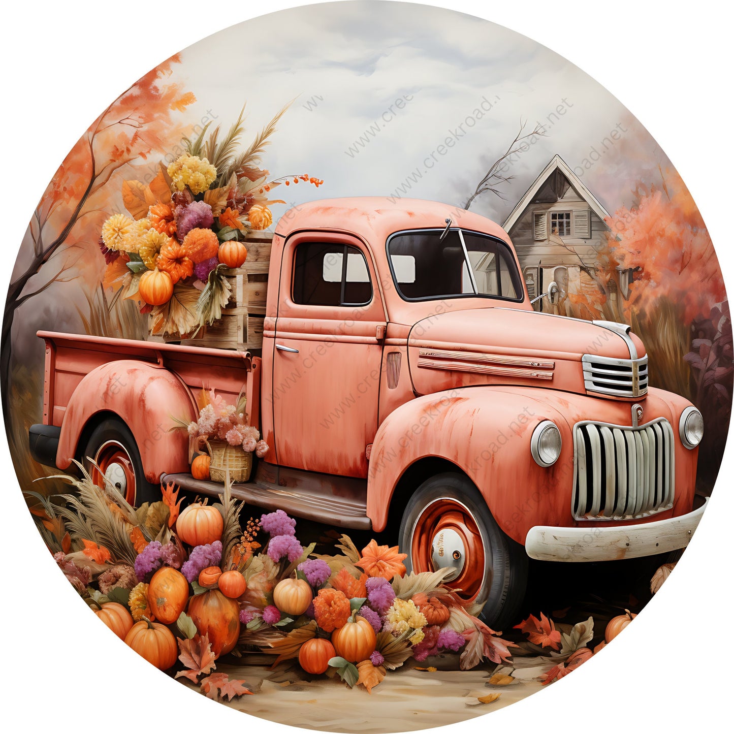 Antique Pink Truck with Fall Harvest Wreath Sign-Sublimation-Round-Fall-Autumn-Winter-Decor