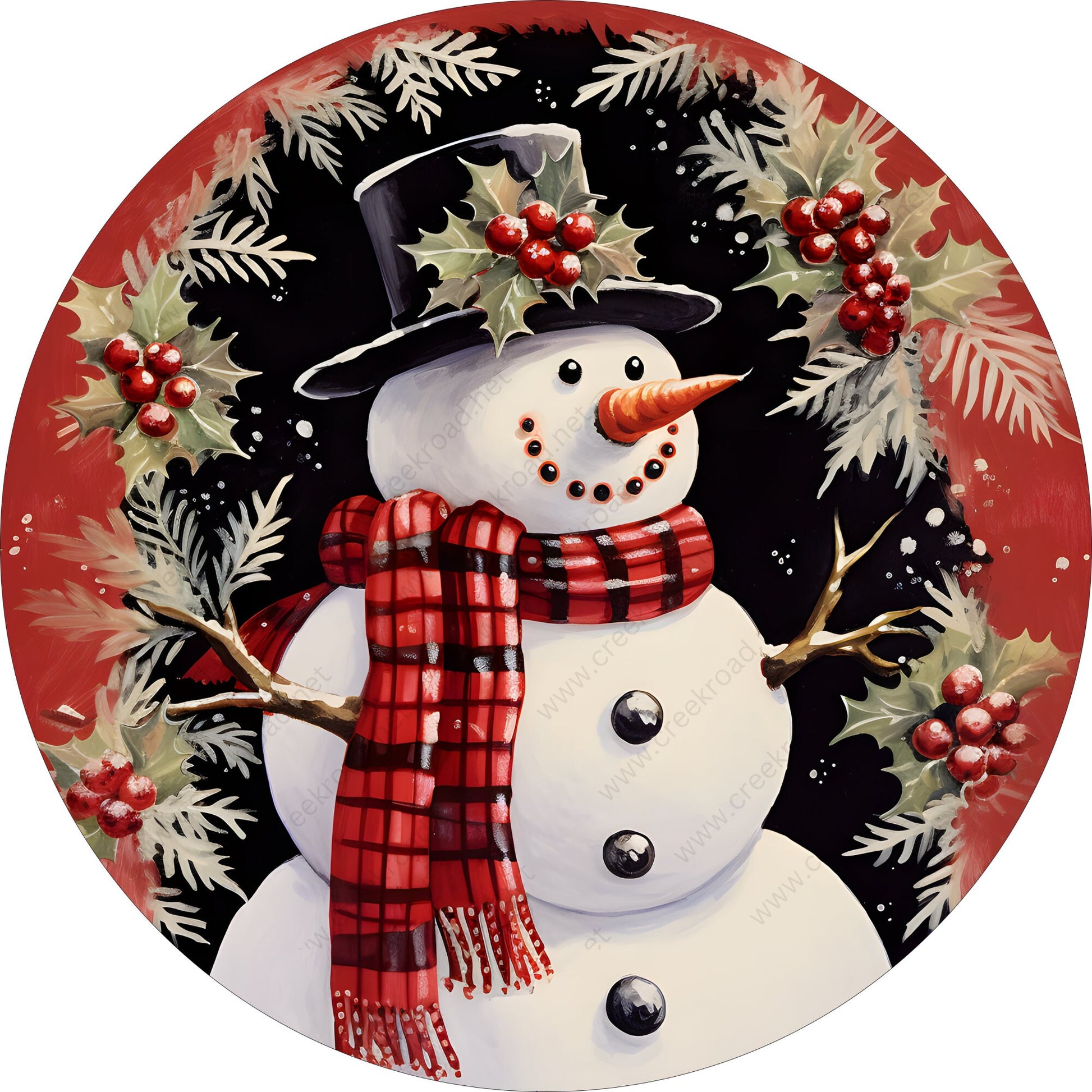 Smiling Snowman with Red Black Gingham Scarf Wreath Sign-Sublimation-Round-Chistmas-Winter-Decor