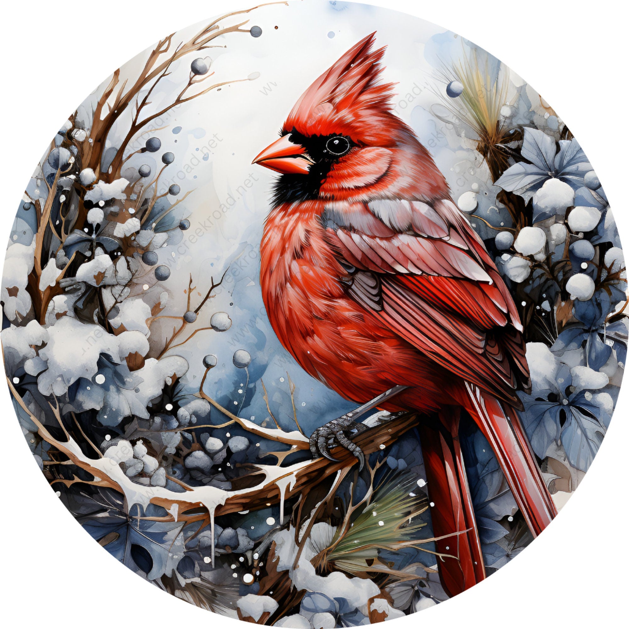 Christmas Red Cardinal in Winter Snow Wreath Sign-Sublimation-Round-Ch ...