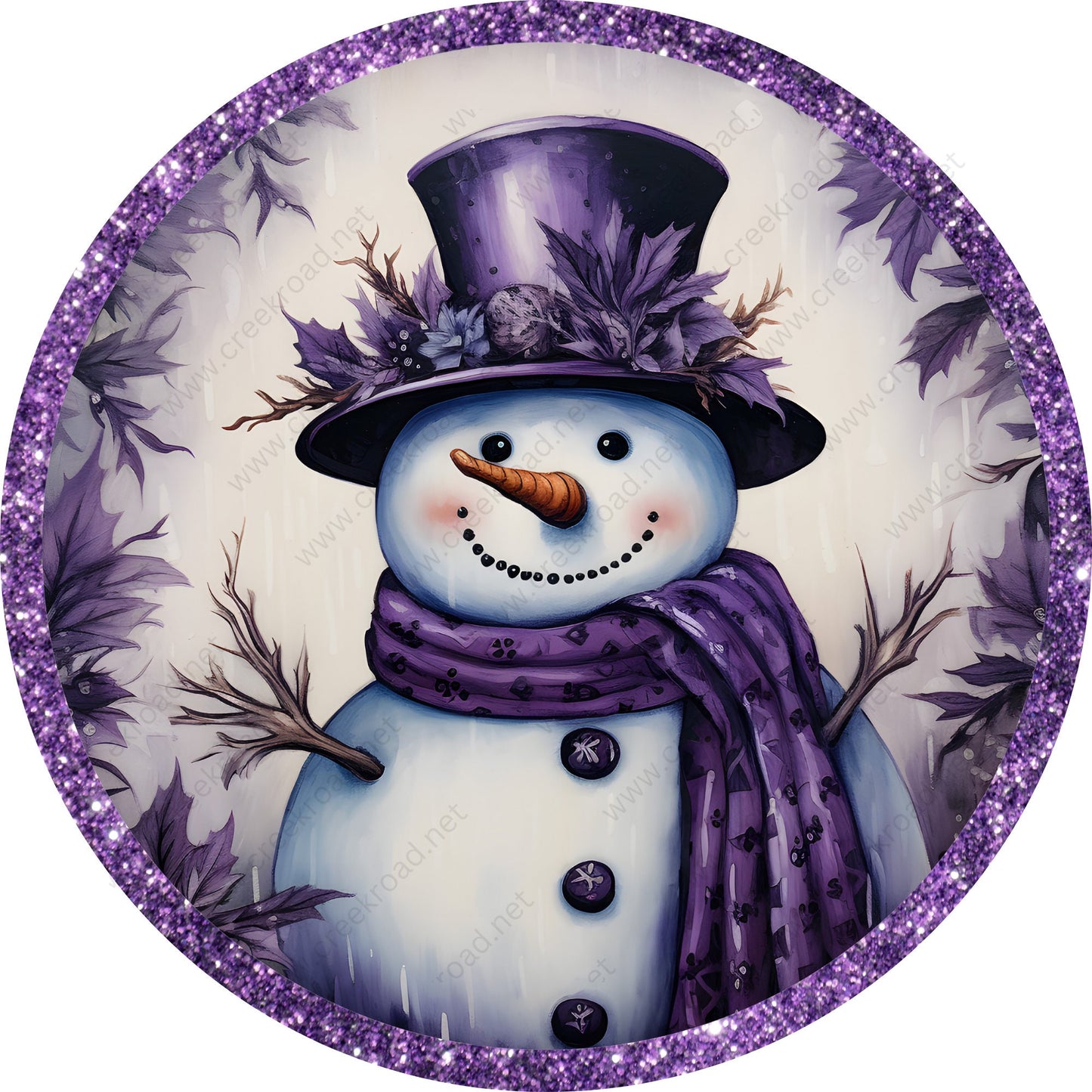 Purple Snowman with Dark Purple Glitter Border Wreath Sign-Sublimation-Round-Chistmas-Winter-Decor