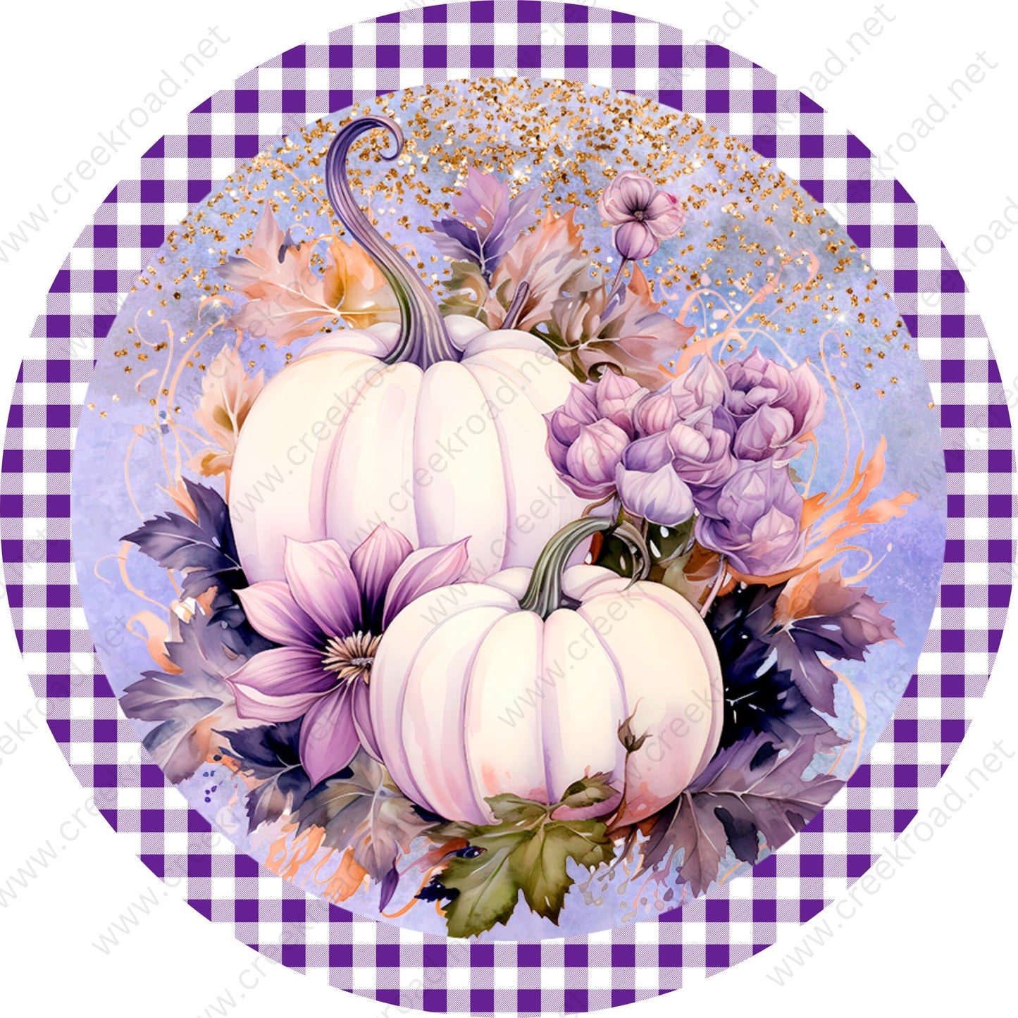 White Pumpkins Purple Florals Gingham Border Wreath Sign-Sublimation-Round-Fall-Autumn-Decor