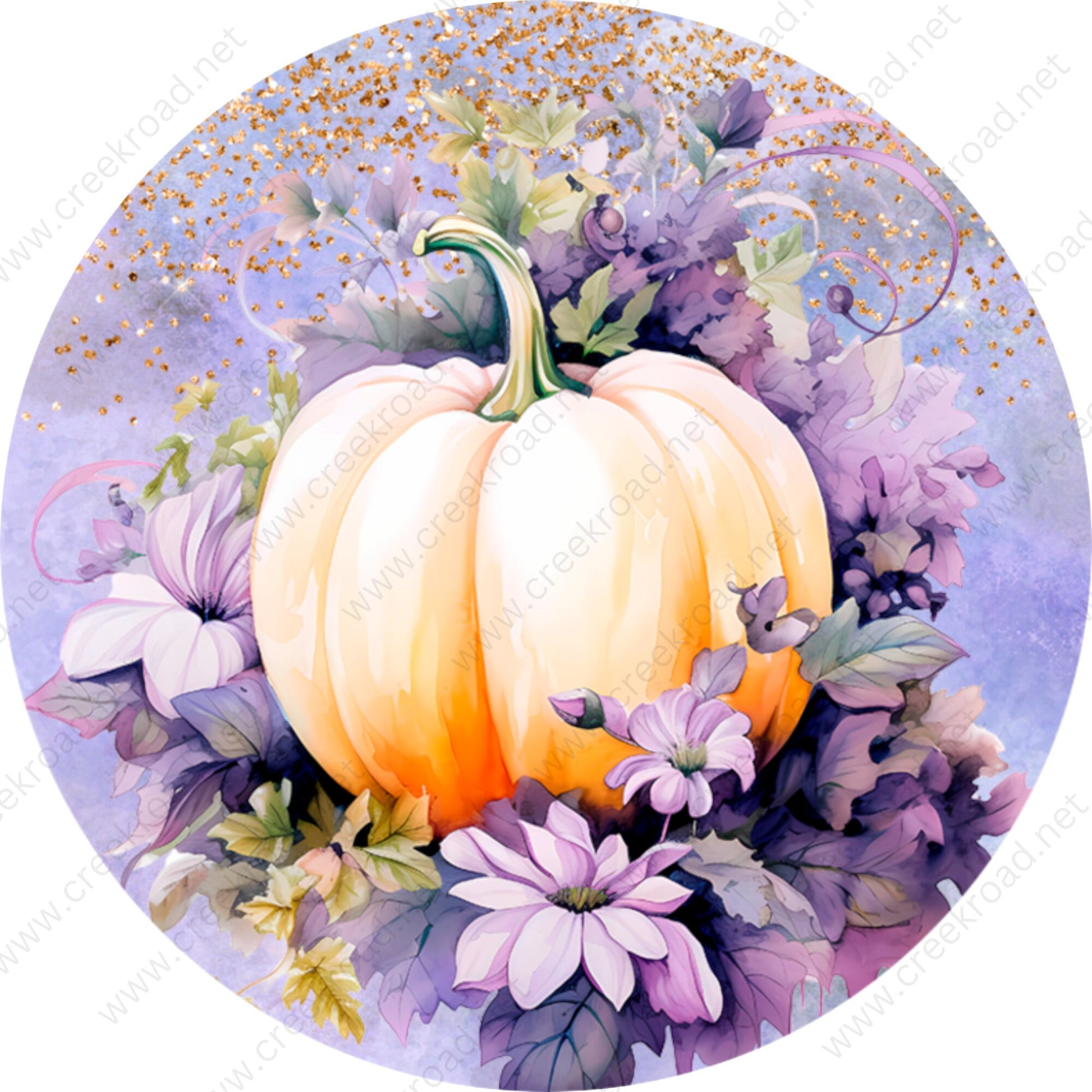 Light Orange Pumpkins Purple Florals Wreath Sign-Sublimation-Round-Fall-Autumn-Decor