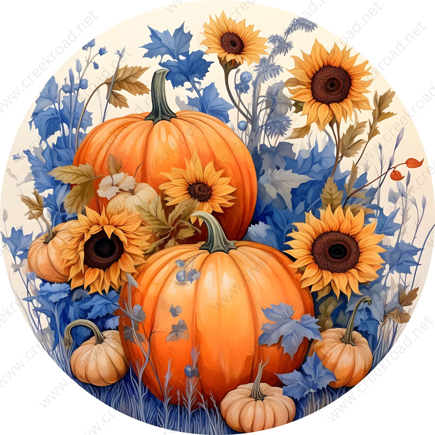 Fall Pumpkins Blue Florals Sunflowers Wreath Sign-Sublimation-Round-Fall-Autumn-Decor