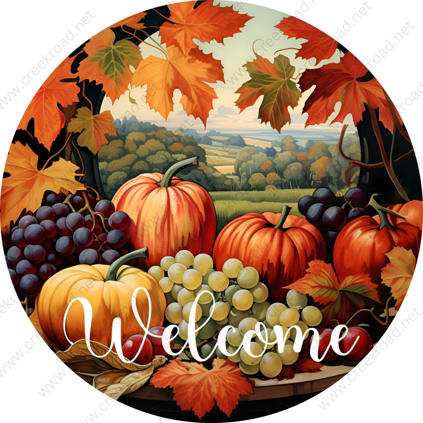 Welcome Fall Fruits with Scenic Vineyard Background Wreath Sign-Sublimation-Round-Fall-Autumn-Decor