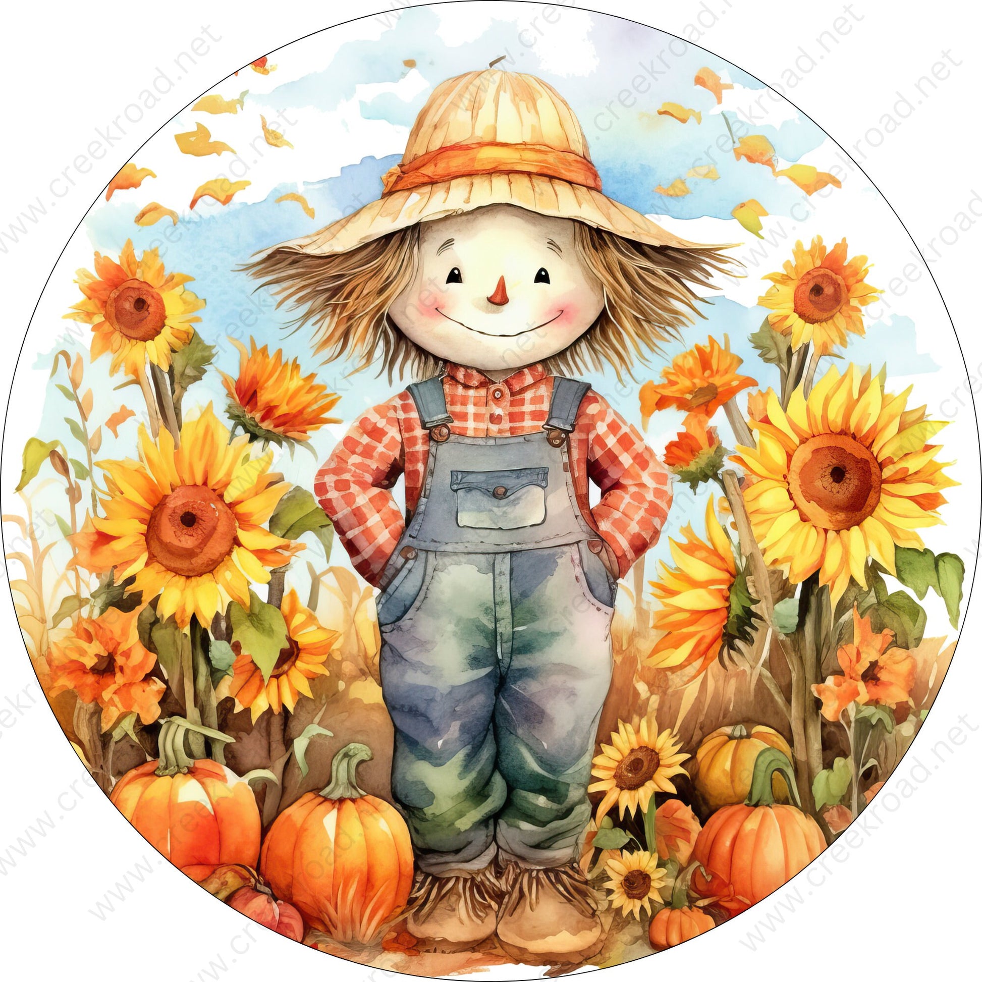 Cute Boy Scarecrow Sunflowers Pumpkins Green White Check Wreath Sign-CHOOSE YOUR BORDER-Sublimation-Round-Fall-Autumn-Decor