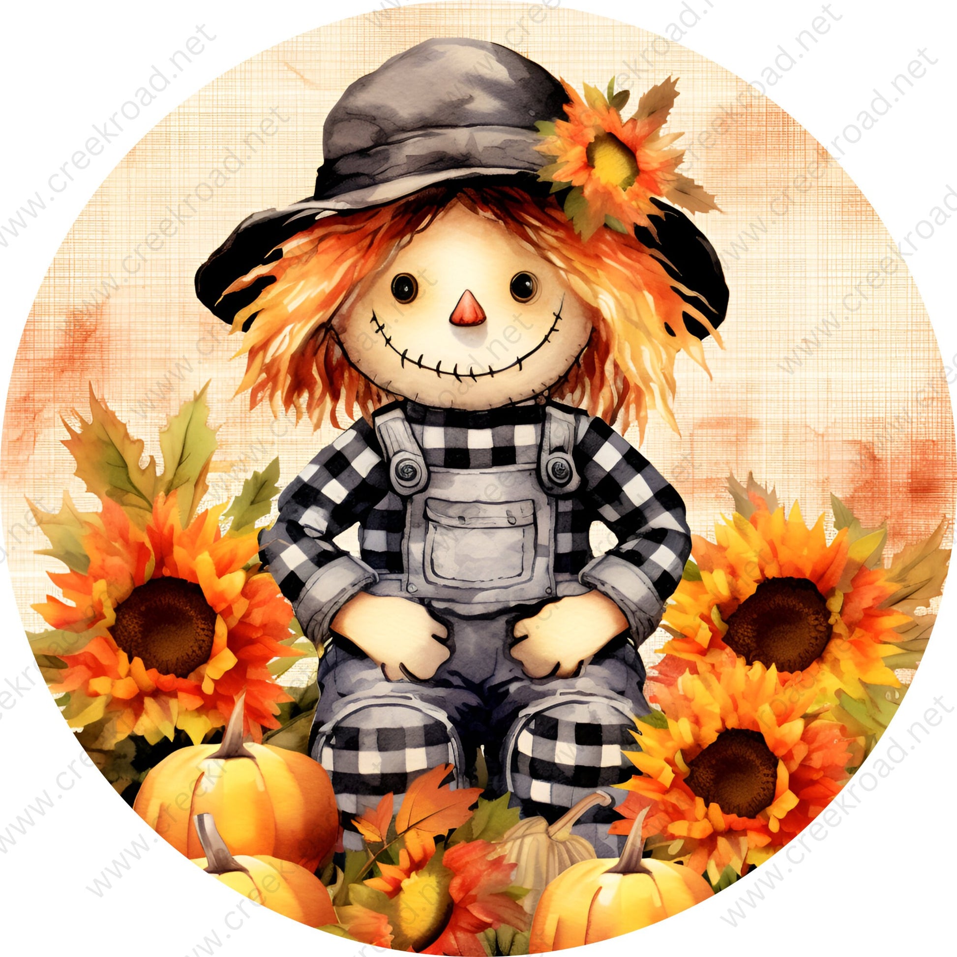 Boy Scarecrow Sitting in Pumpkin Patch Gingham Outfit Wreath Sign-Sublimation-Round-Fall-Autumn-Decor