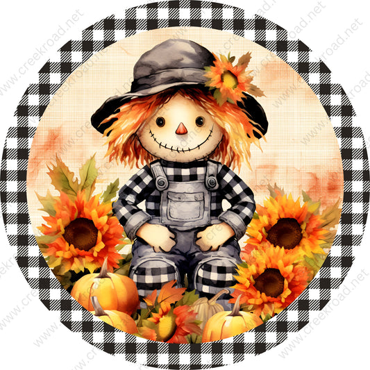 Boy Scarecrow Sitting in Pumpkin Patch Gingham Outfit Border Wreath Sign-Sublimation-Round-Fall-Autumn-Decor