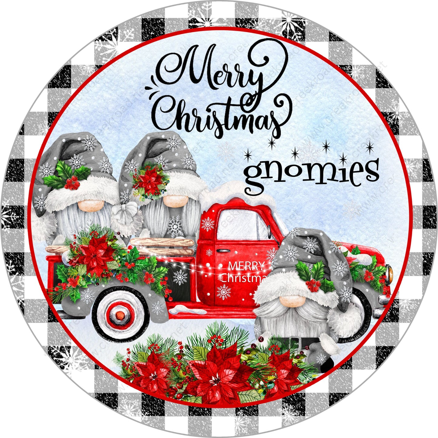 Merry Christmas Gnomies Red Truck Gnome Black White Gingham Wreath Sign-Sublimation-Round-Chistmas-Winter-Decor