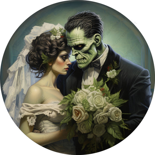 Frankenstein and His Bride Wreath Sign-Halloween-Sublimation-Decor-Creek Road Designs