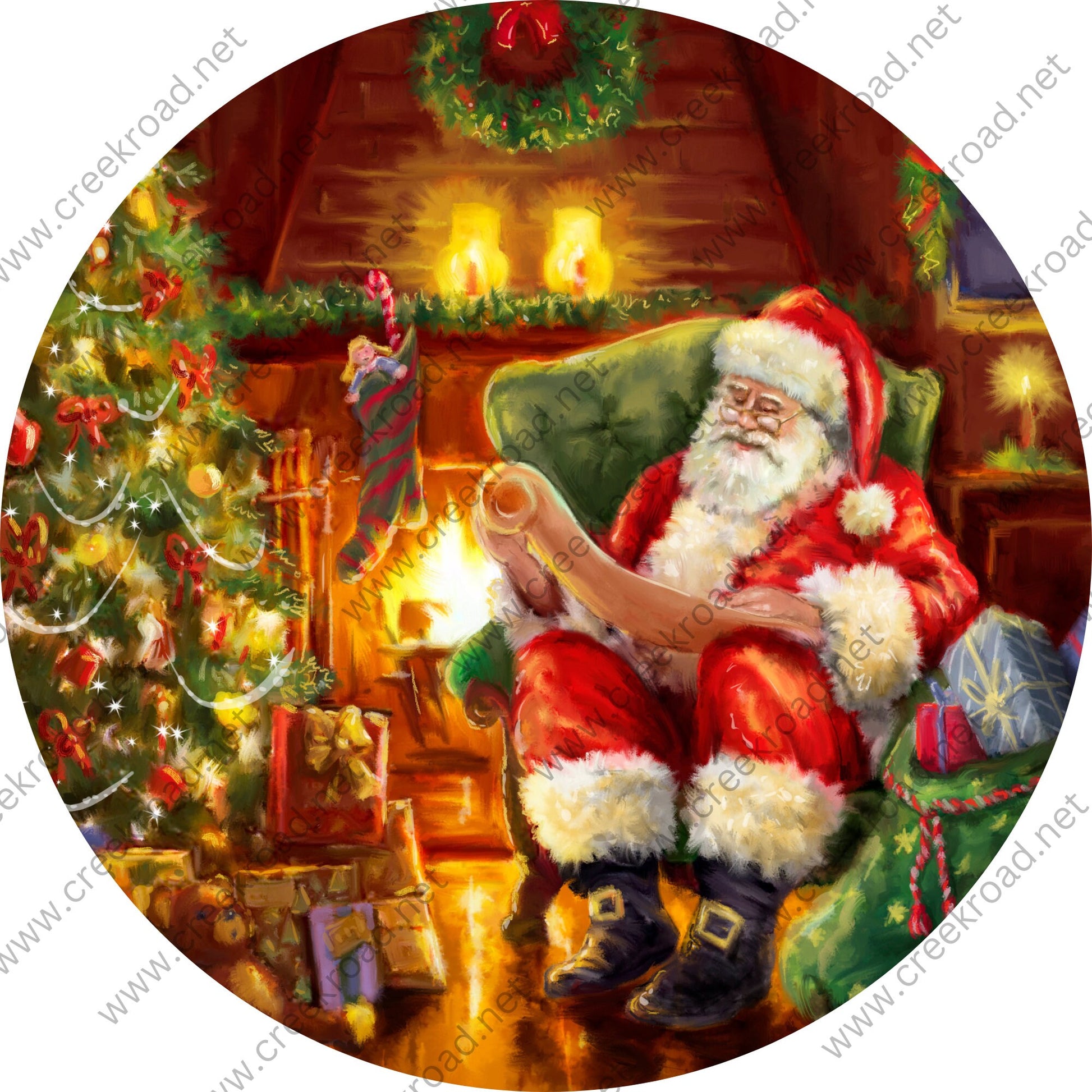 Santa Claus Sitting in Chair Reading Naughty List Wreath Wreath Sign-Sublimation-Round-Christmas-Decor