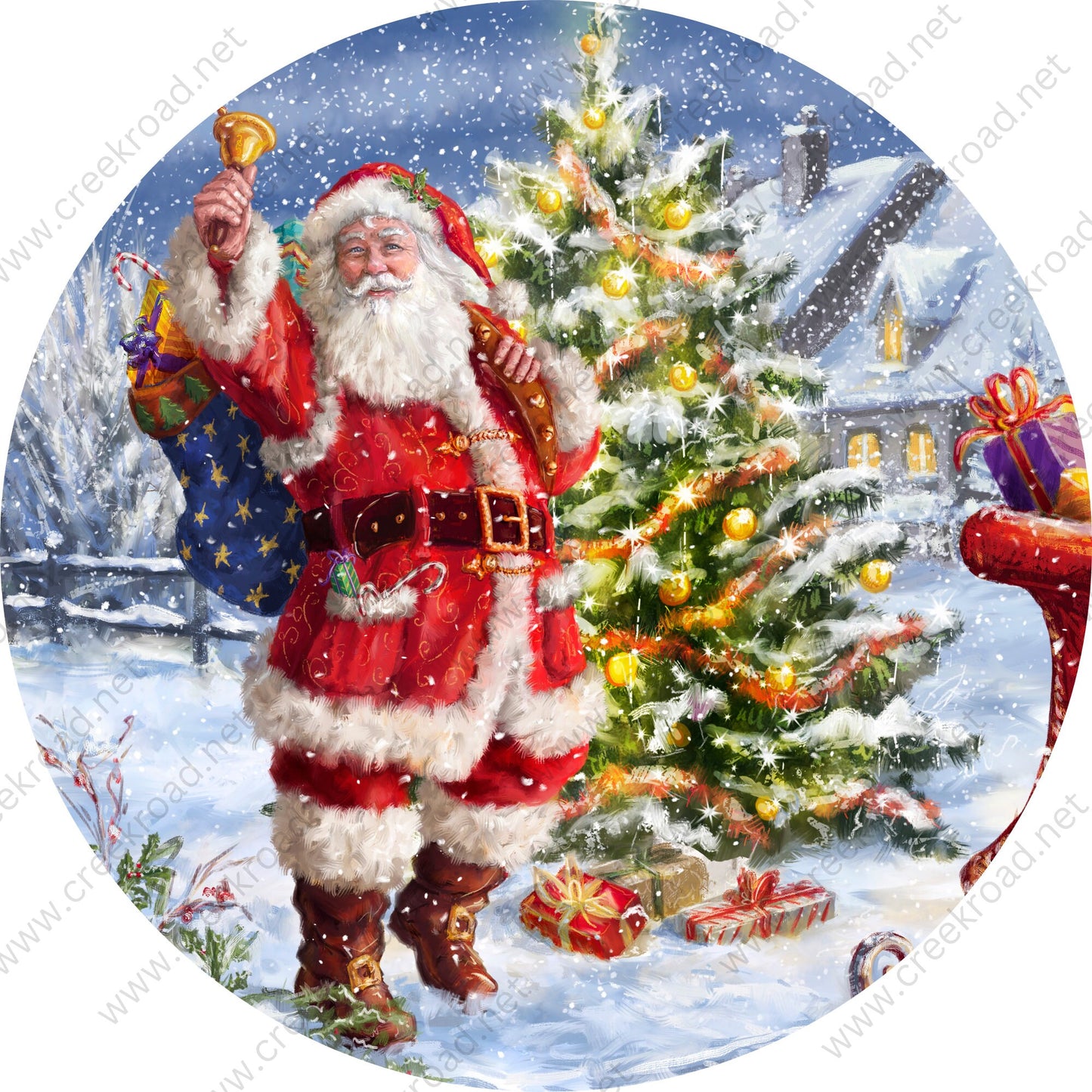 Santa Claus Ringing Bell At Christmas Tree Wreath Sign-Sublimation-Round-Christmas-Decor