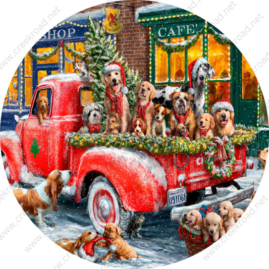 Classic Red Chevy Truck Full of Dogs Wreath Sign-Sublimation-Round-Christmas-Decor