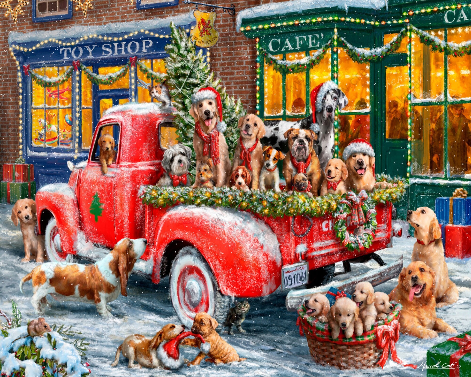 Classic Red Chevy Truck Full of Dogs Wreath Sign-10"x 8" Rectangle-Sublimation-Christmas-Decor