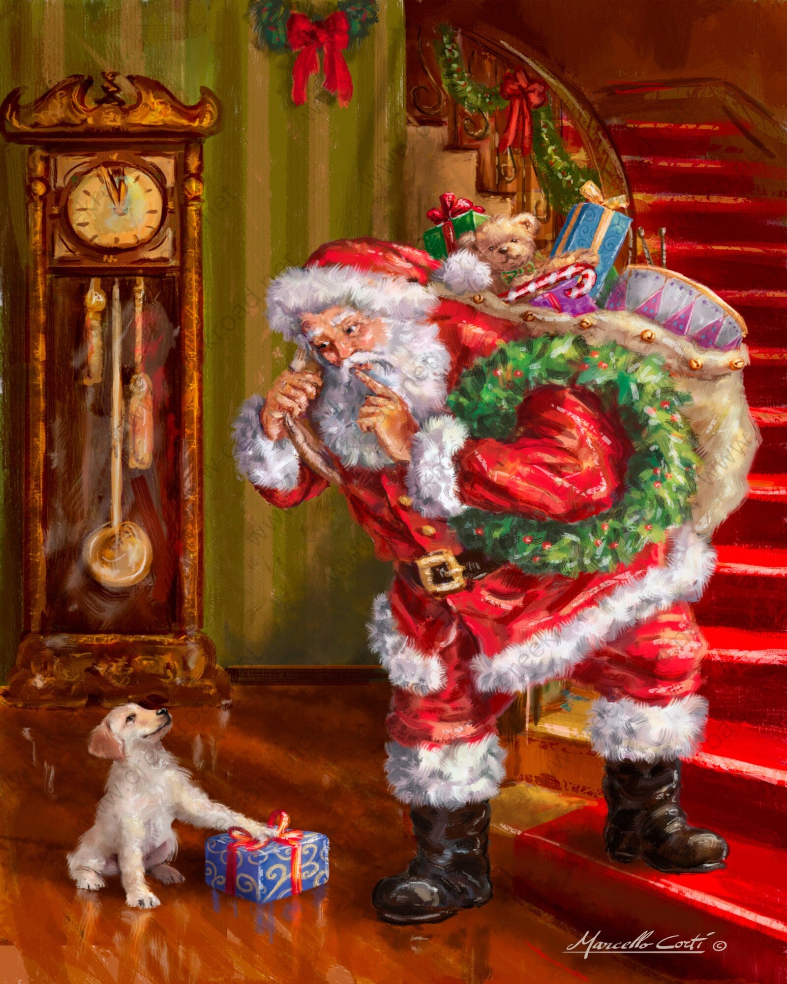 Puppy Greets Santa Claus at Stairs Wreath Sign-8"x10" Rectangle-Sublimation-Christmas-Decor