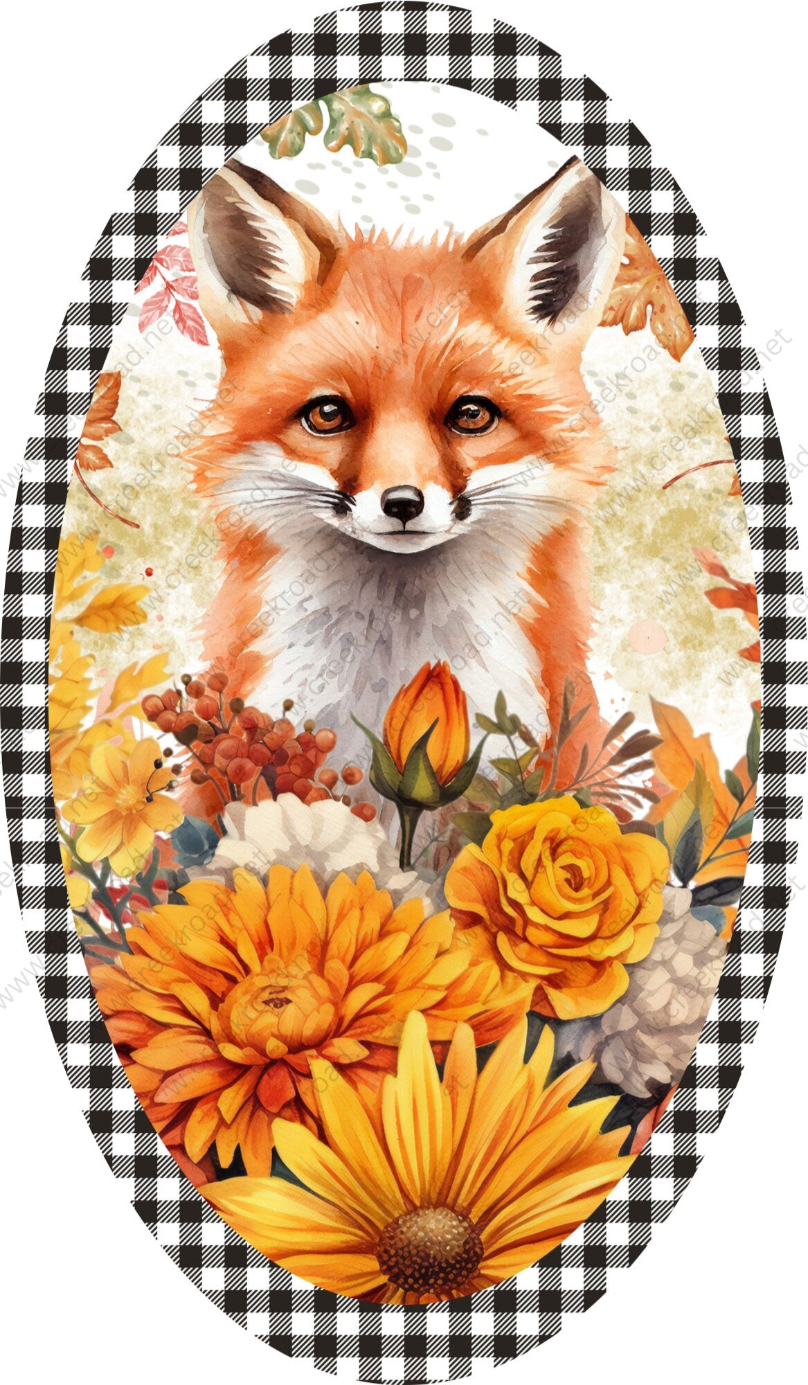 Fall Fox in Autumn Flowers Wreath Sign-Oval 7"x12"-Fall-Sublimation-Attachment-Round-Decor