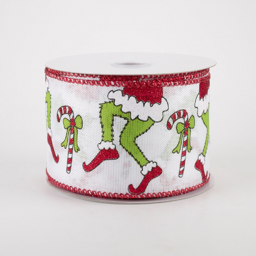 2.5" X 10Yd Wired Ribbon-Green Monster Legs with Candy Cane-71119-40-12-Grn/Red/Wht-Christmas