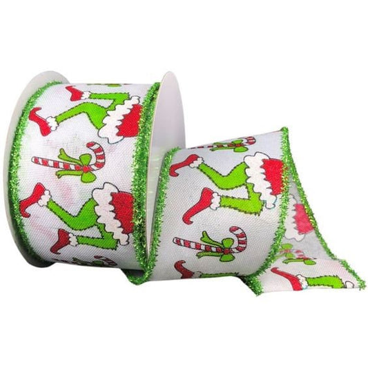 2.5" X 10Yd Wired Ribbon-Green Monster Legs with Candy Cane Green Tinsel Border-71118-40-09-Grn/Red/Wht-Christmas