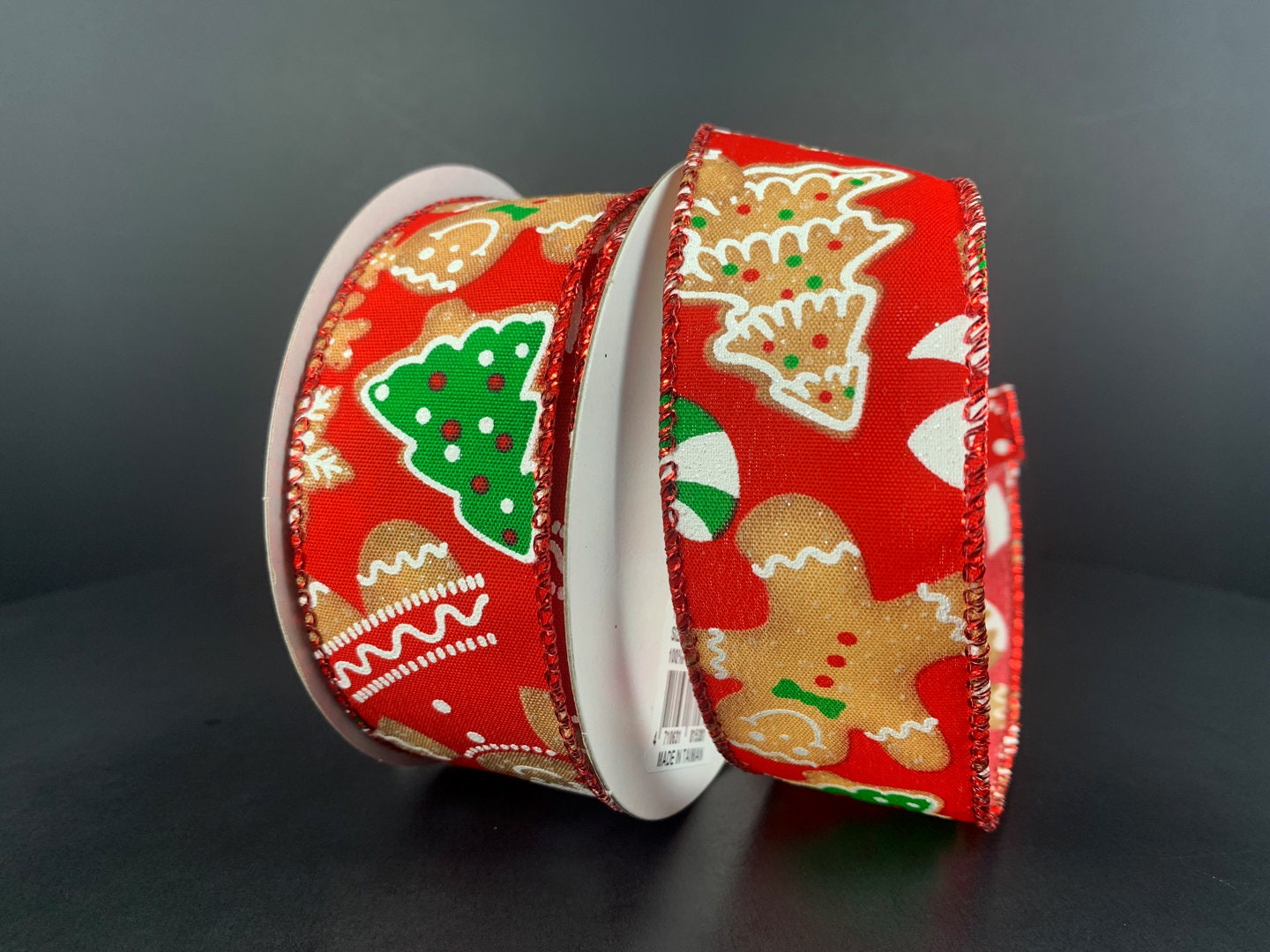 1.5" X 10Yd Wired Ribbon-Gingerbread Cookie Candy Cane Red-71396-09-12-Christmas