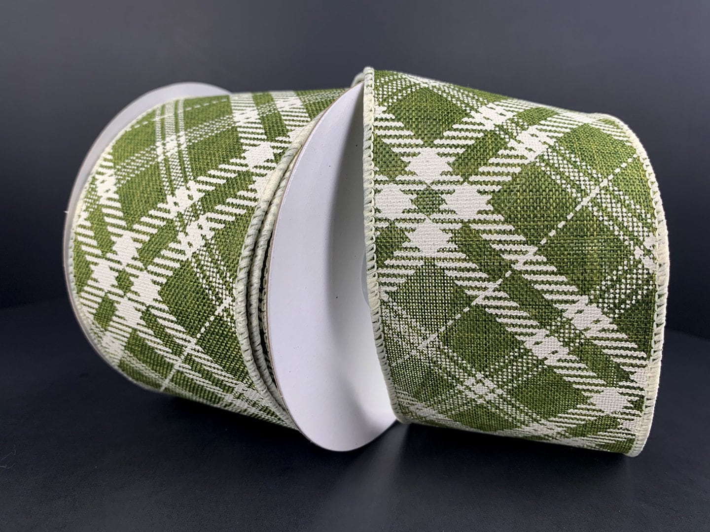 2.5" X 10Yd Wired Ribbon-Moss Green Cream Line Hazel Diagonal Plaid-61316-40-08-Fall