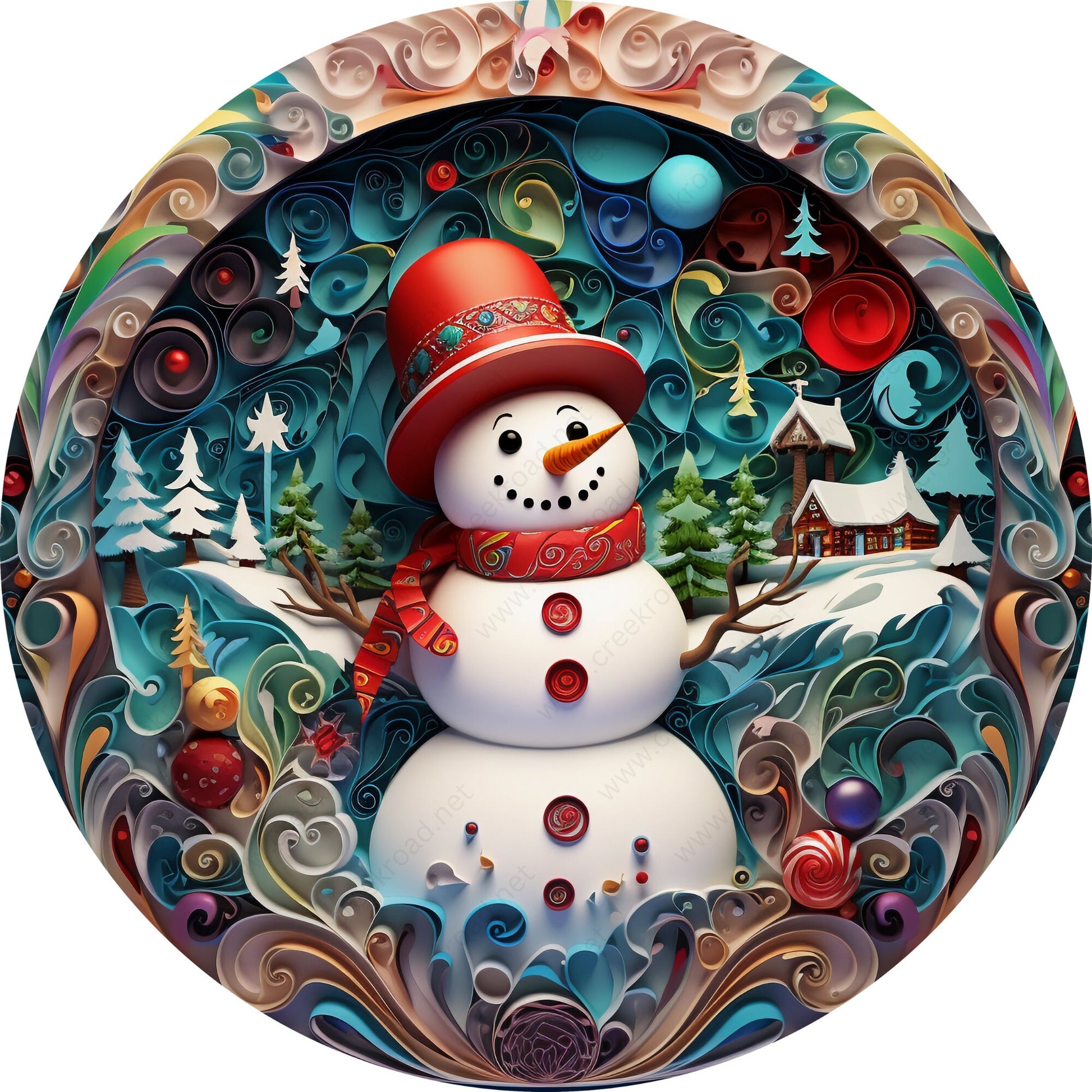 Colorful Paper Quil Snowman Wreath Sign-Sublimation-Round-Chistmas-Winter-Decor